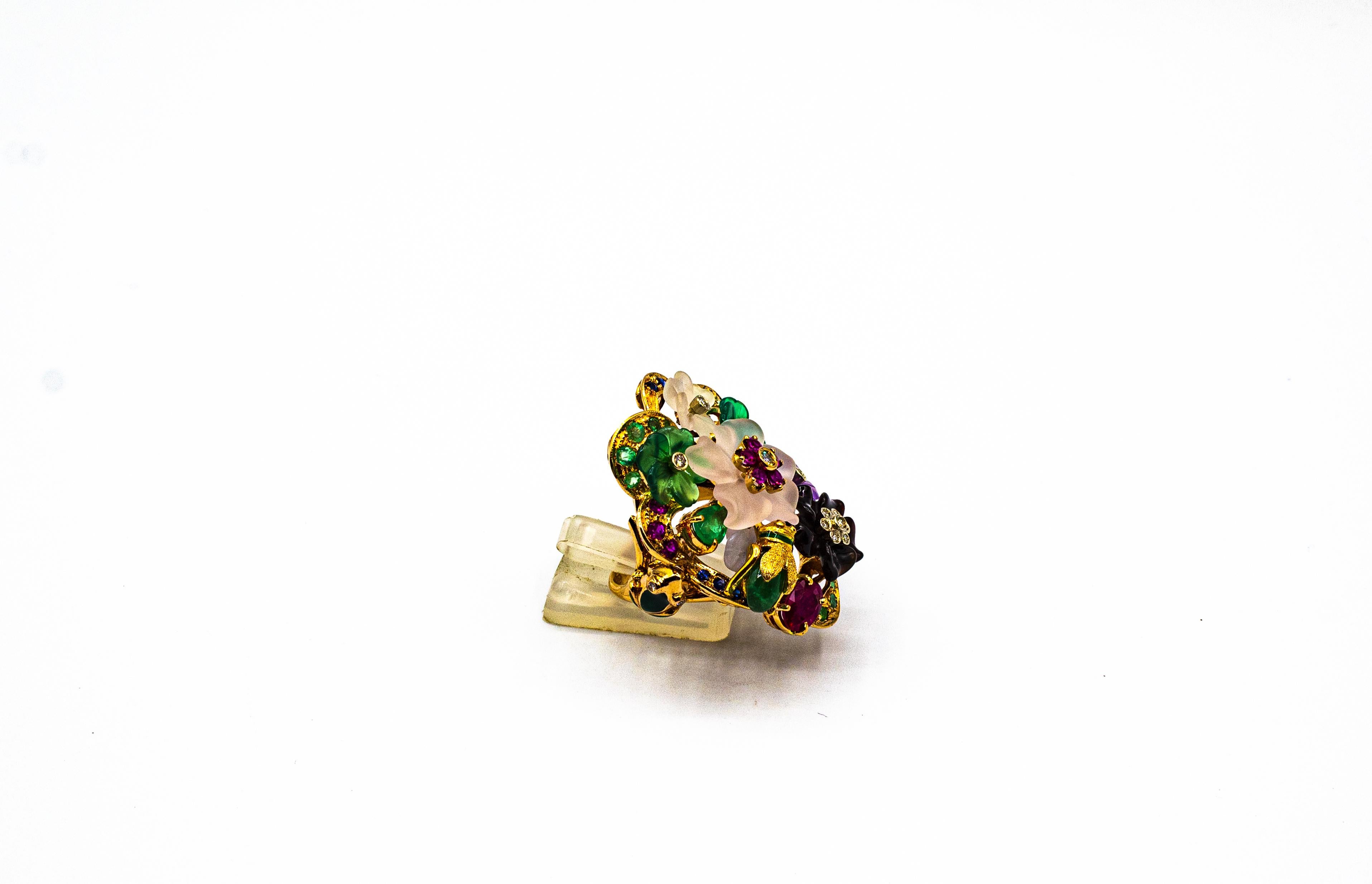 Art Nouveau Style Diamond Emerald Ruby Sapphire Amethyst Cocktail “Flowers” Ring 1