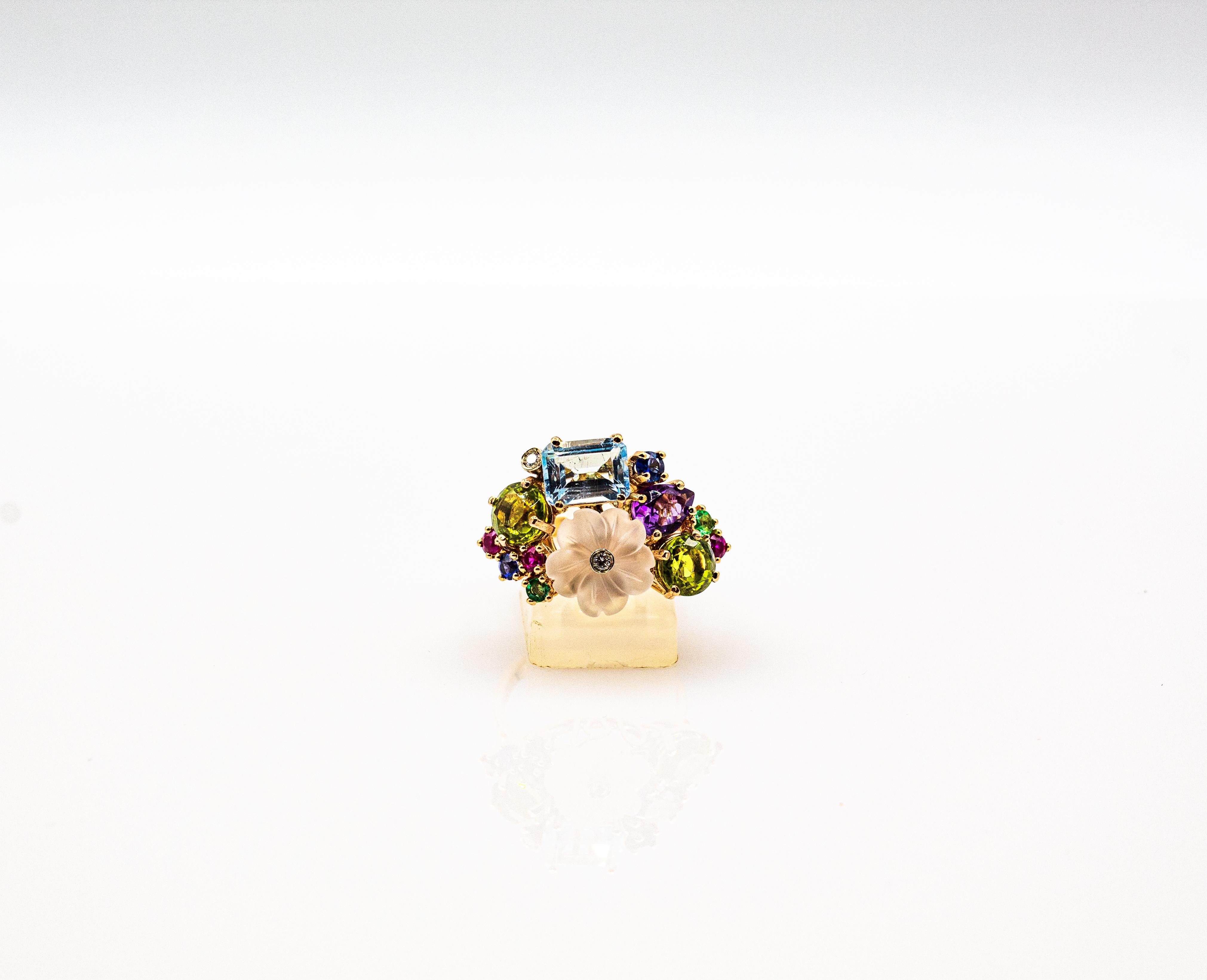 Art Nouveau Style Diamond Emerald Ruby Sapphire Amethyst Cocktail “Flowers” Ring For Sale 2