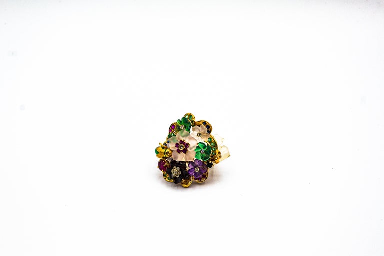 Art Nouveau Style Diamond Emerald Ruby Sapphire Amethyst Cocktail “Flowers” Ring For Sale 3