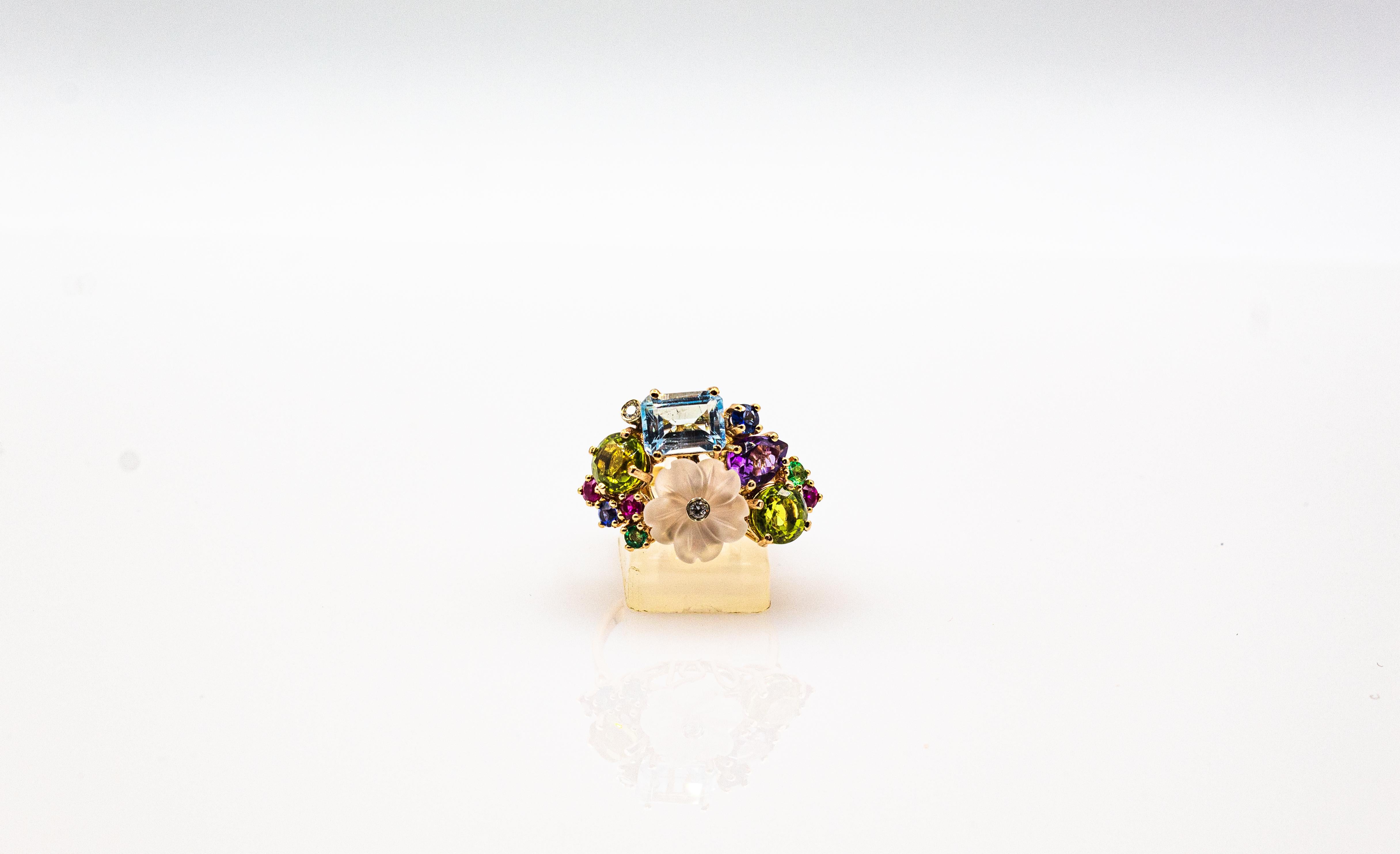 Women's or Men's Art Nouveau Style Diamond Emerald Ruby Sapphire Amethyst Cocktail “Flowers” Ring