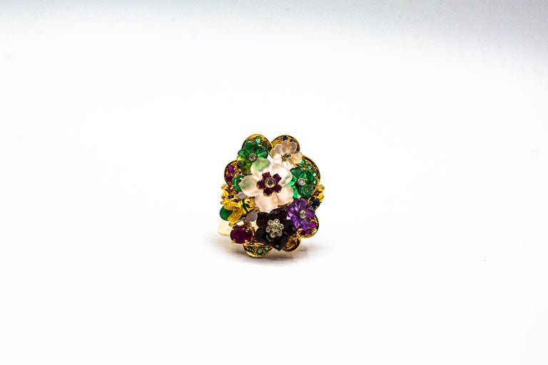 Art Nouveau Style Diamond Emerald Ruby Sapphire Amethyst Cocktail “Flowers” Ring For Sale 4