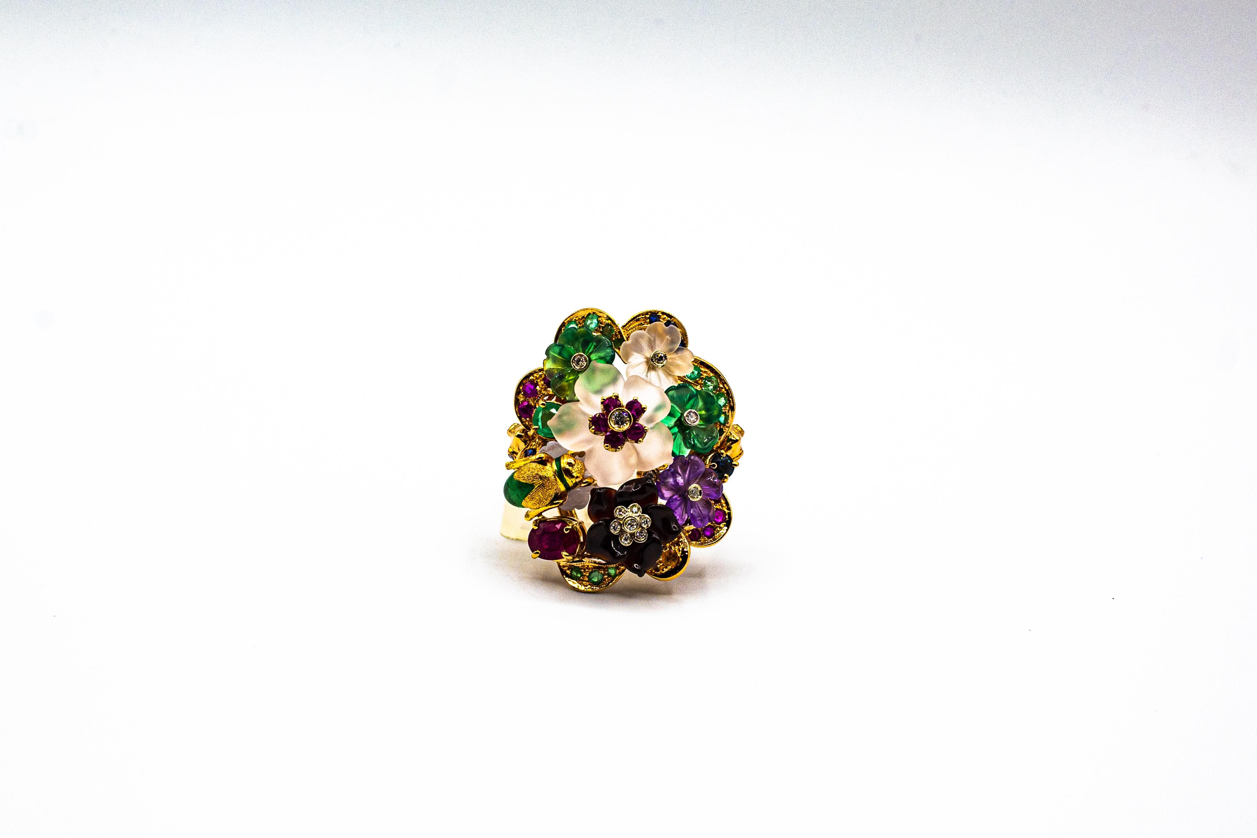 Cocktail-Blumenring im Jugendstil mit Diamanten, Smaragd, Rubin, Saphir und Amethyst im Angebot 3