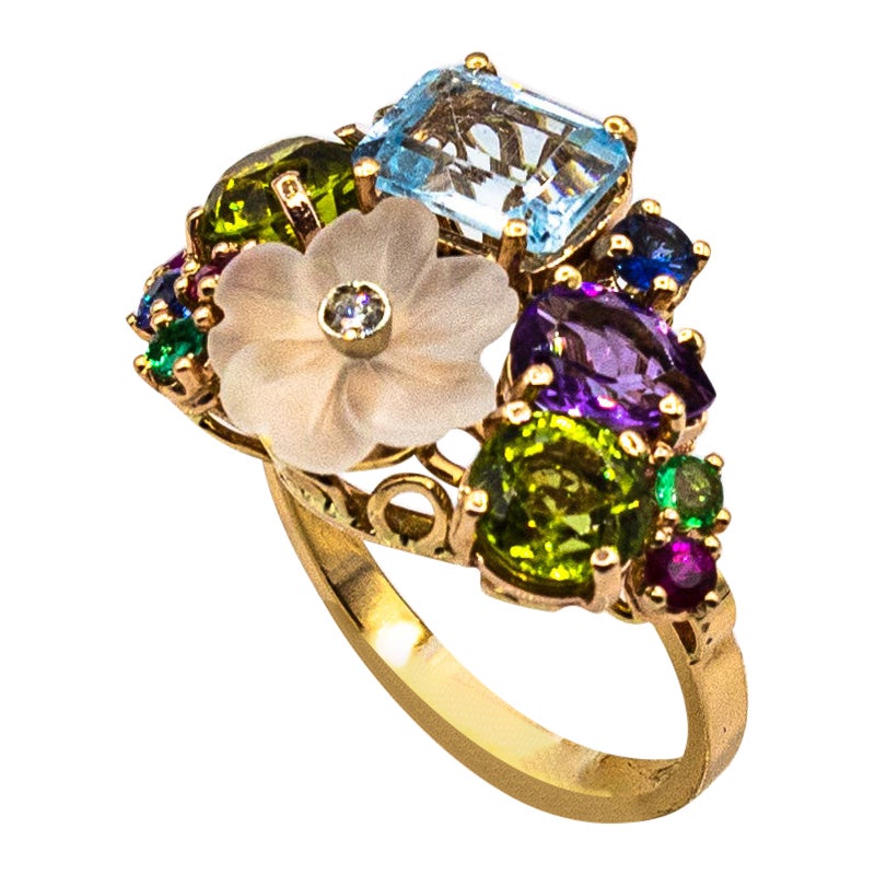 Art Nouveau Style Diamond Emerald Ruby Sapphire Amethyst Cocktail “Flowers” Ring For Sale