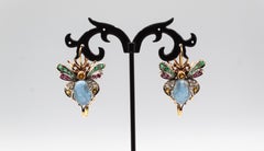 Art Nouveau Style Diamond Emerald Sapphire Ruby Aquamarine Yellow Gold Earrings