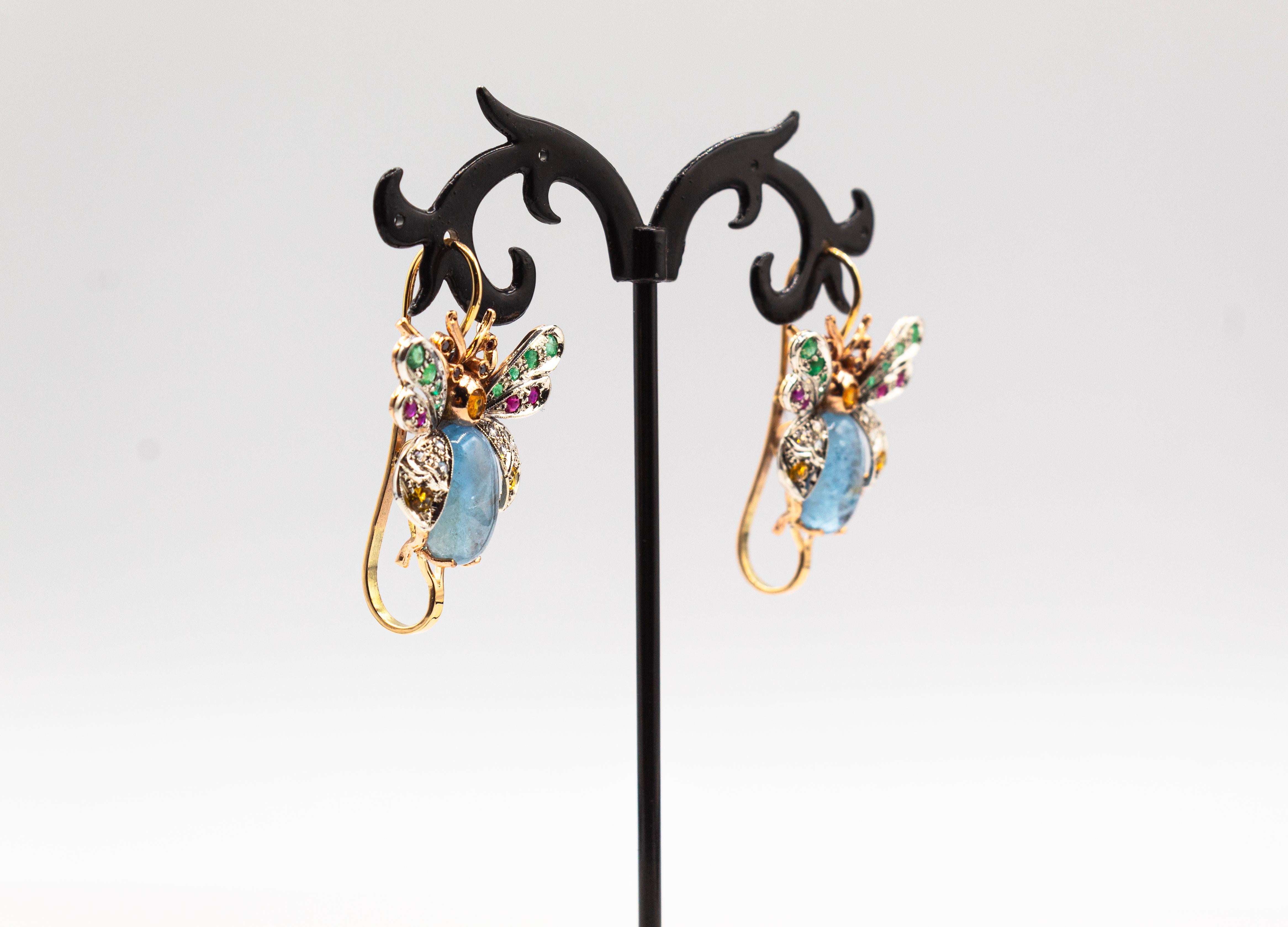 Taille rose Boucles d'oreilles de style Art nouveau en or jaune, diamant, émeraude, saphir, rubis et aigue-marine en vente