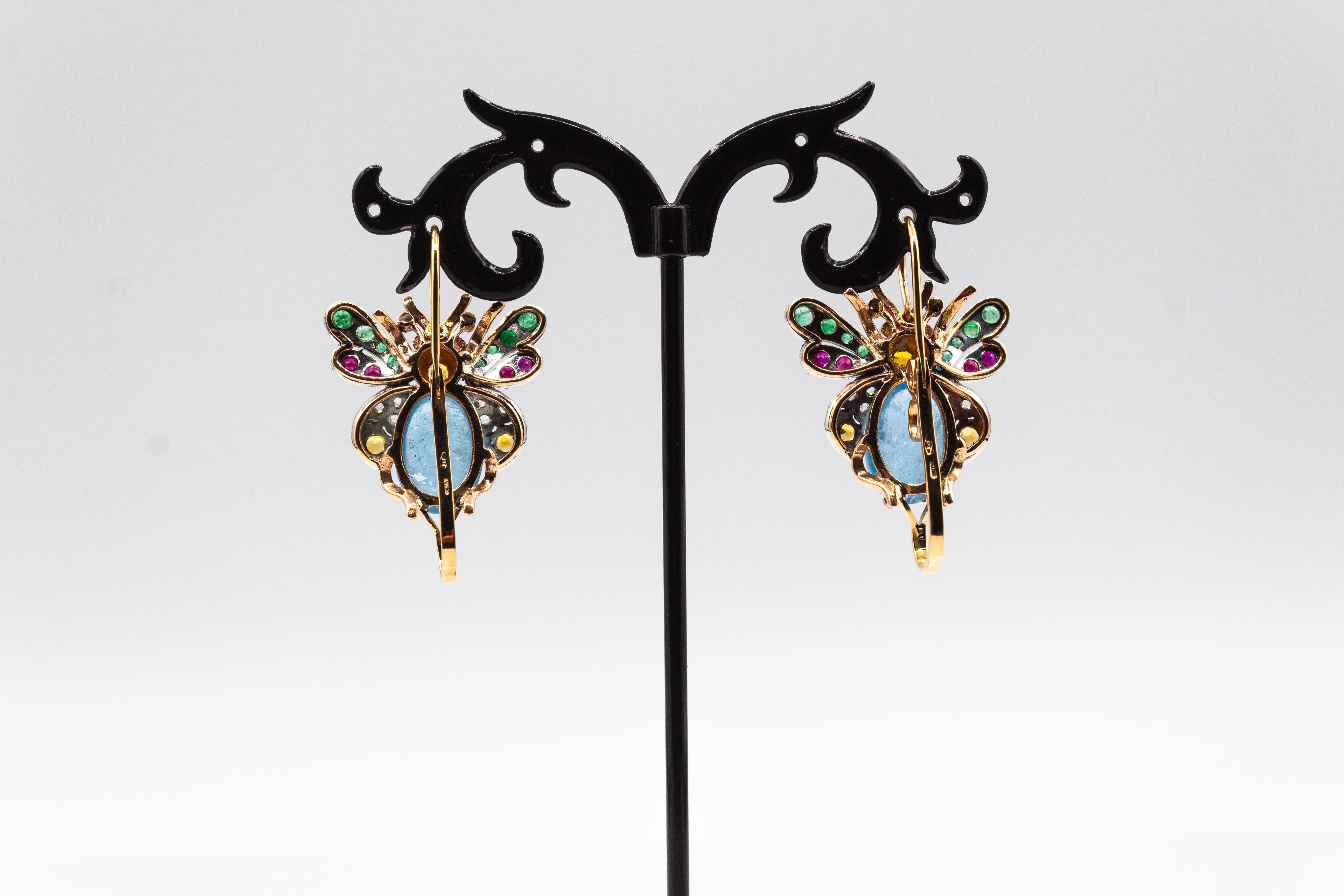 Art Nouveau Style Diamond Emerald Sapphire Ruby Aquamarine Yellow Gold Earrings In New Condition For Sale In Naples, IT