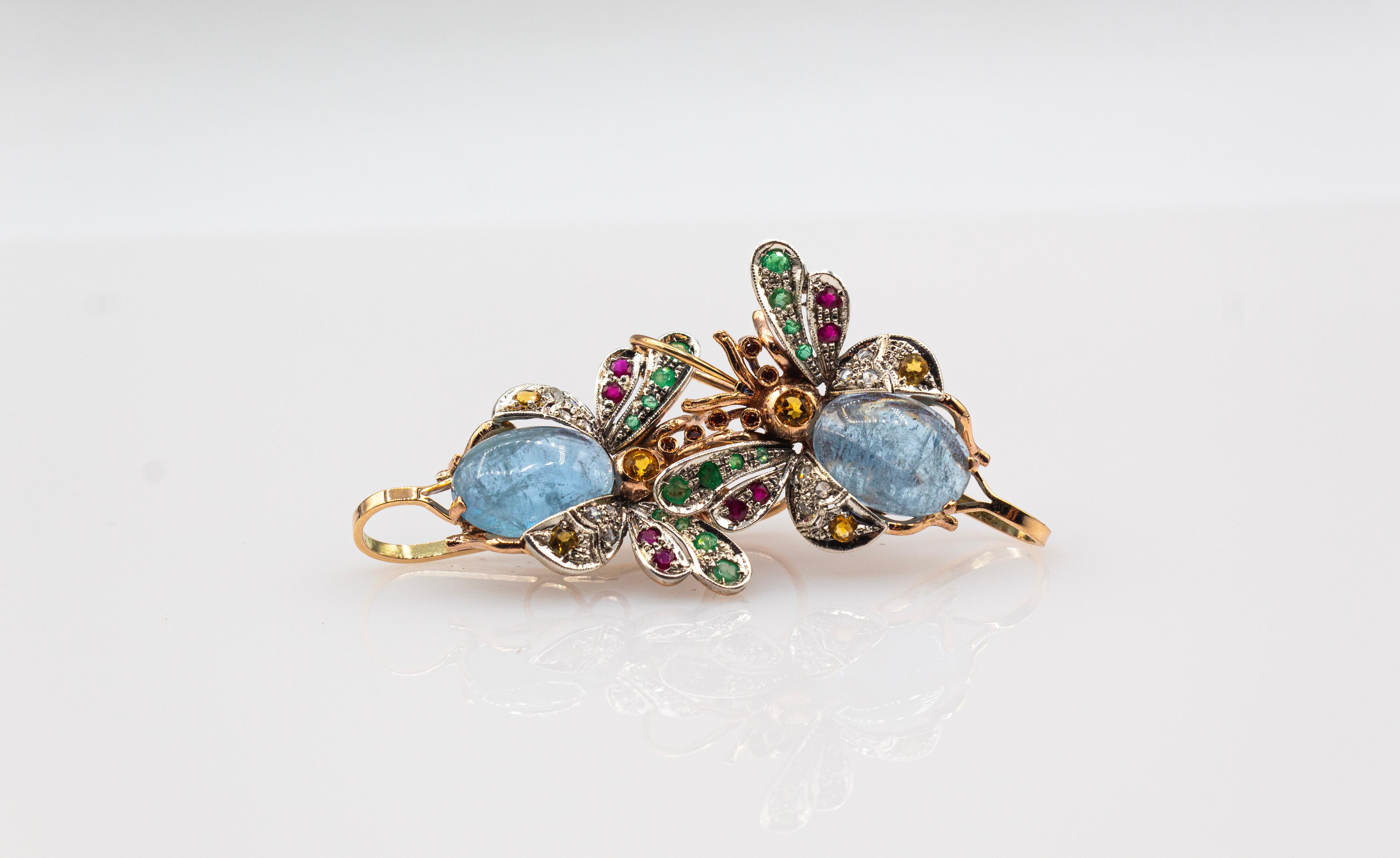 Art Nouveau Style Diamond Emerald Sapphire Ruby Aquamarine Yellow Gold Earrings For Sale 1