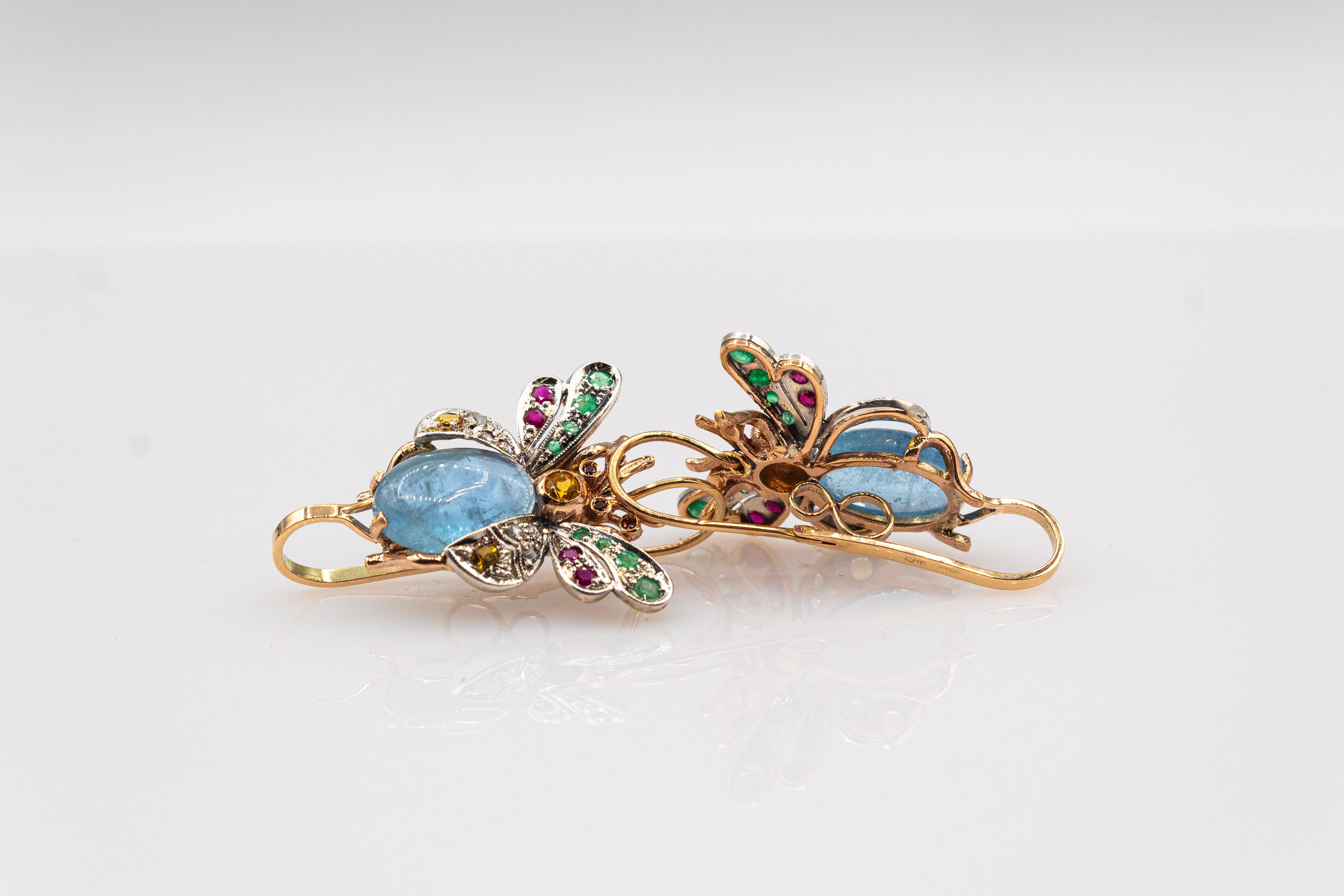 Boucles d'oreilles de style Art nouveau en or jaune, diamant, émeraude, saphir, rubis et aigue-marine en vente 2