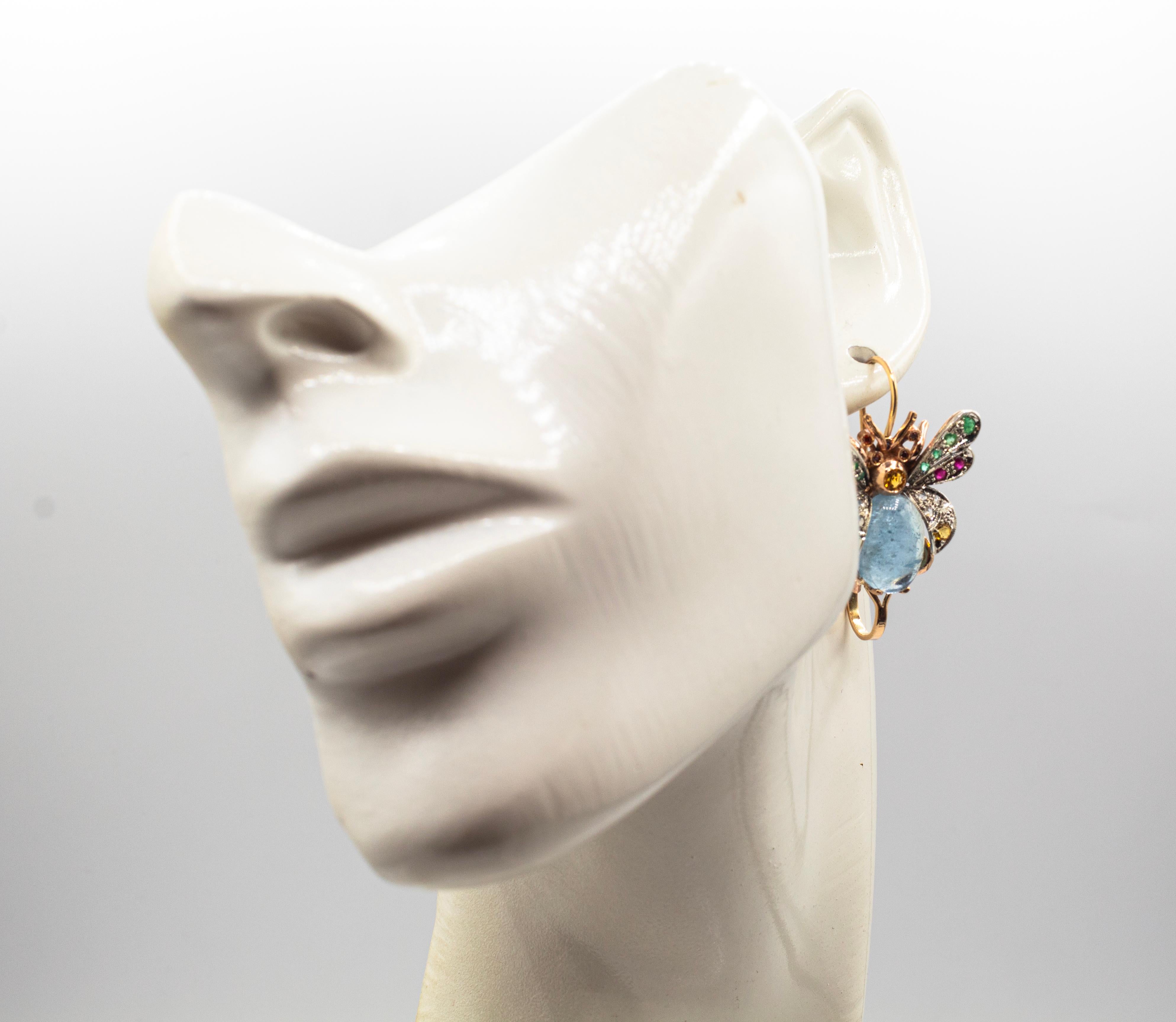 Art Nouveau Style Diamond Emerald Sapphire Ruby Aquamarine Yellow Gold Earrings For Sale 4