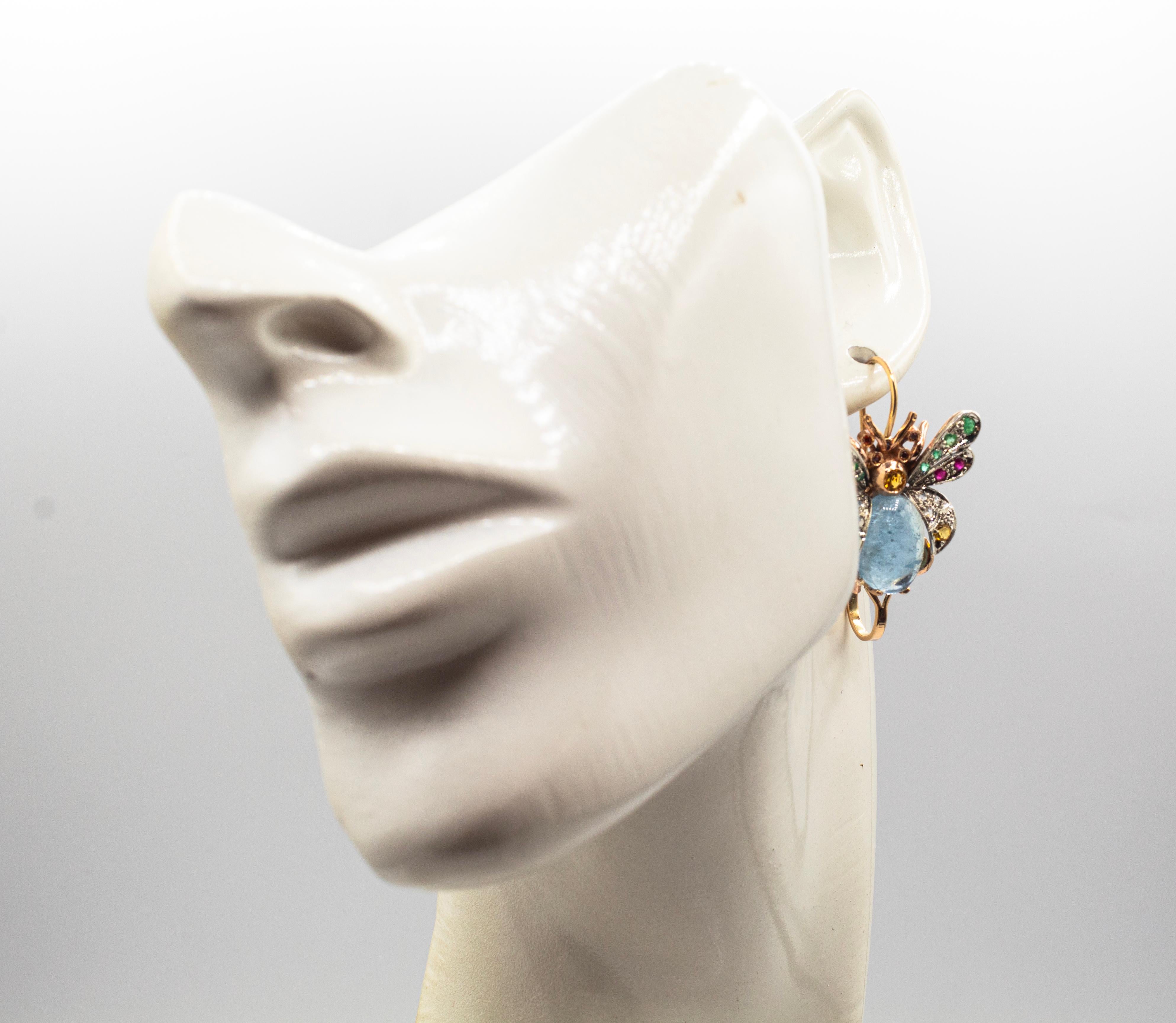 Boucles d'oreilles de style Art nouveau en or jaune, diamant, émeraude, saphir, rubis et aigue-marine en vente 4