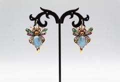 Art Nouveau Style Diamond Emerald Sapphire Ruby Aquamarine Yellow Gold Earrings