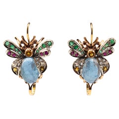 Art Nouveau Style Diamond Emerald Sapphire Ruby Aquamarine Yellow Gold Earrings
