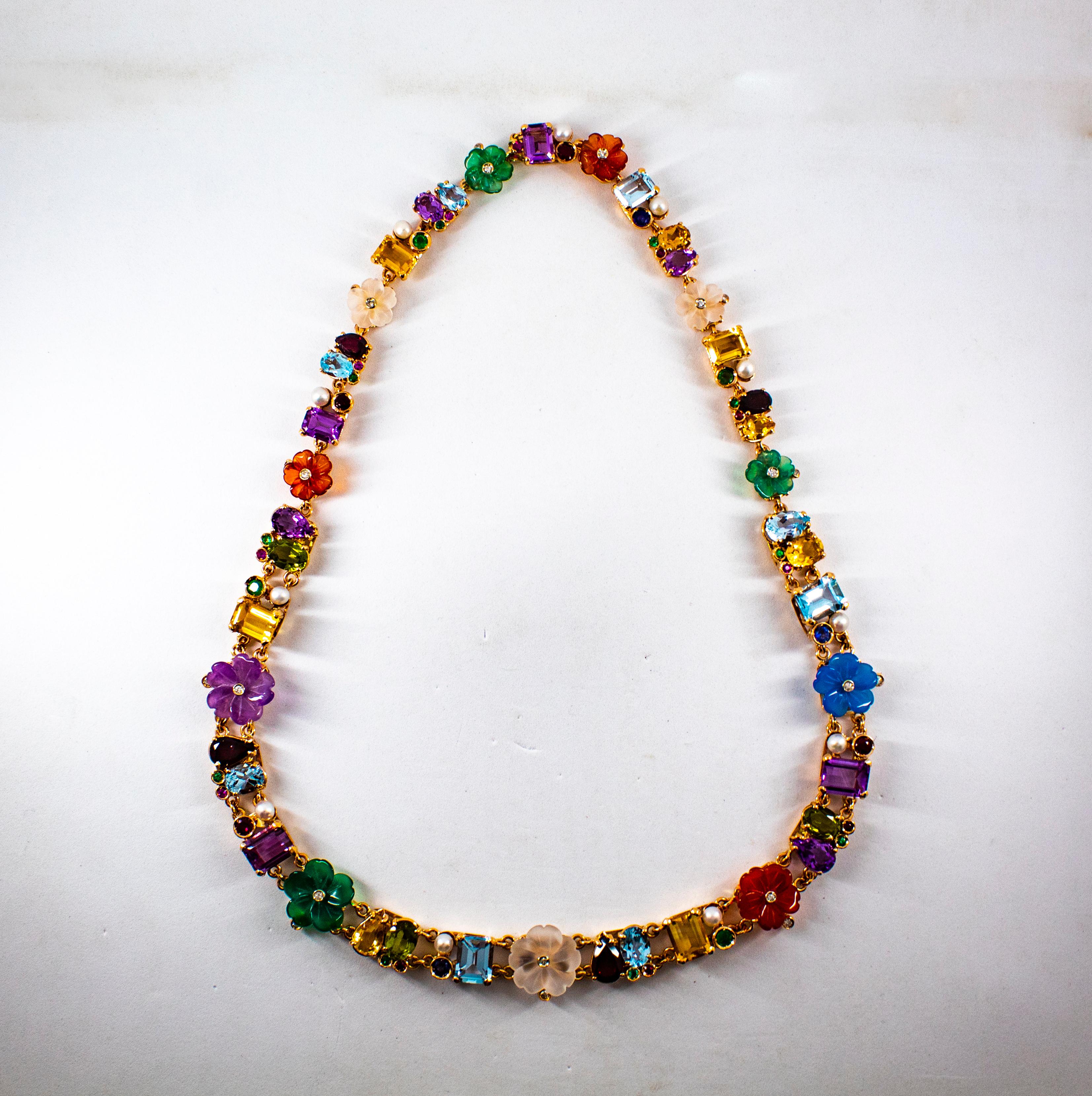 Brilliant Cut Art Nouveau Style Diamond Ruby Emerald Sapphire Yellow Gold Flowers Necklace For Sale