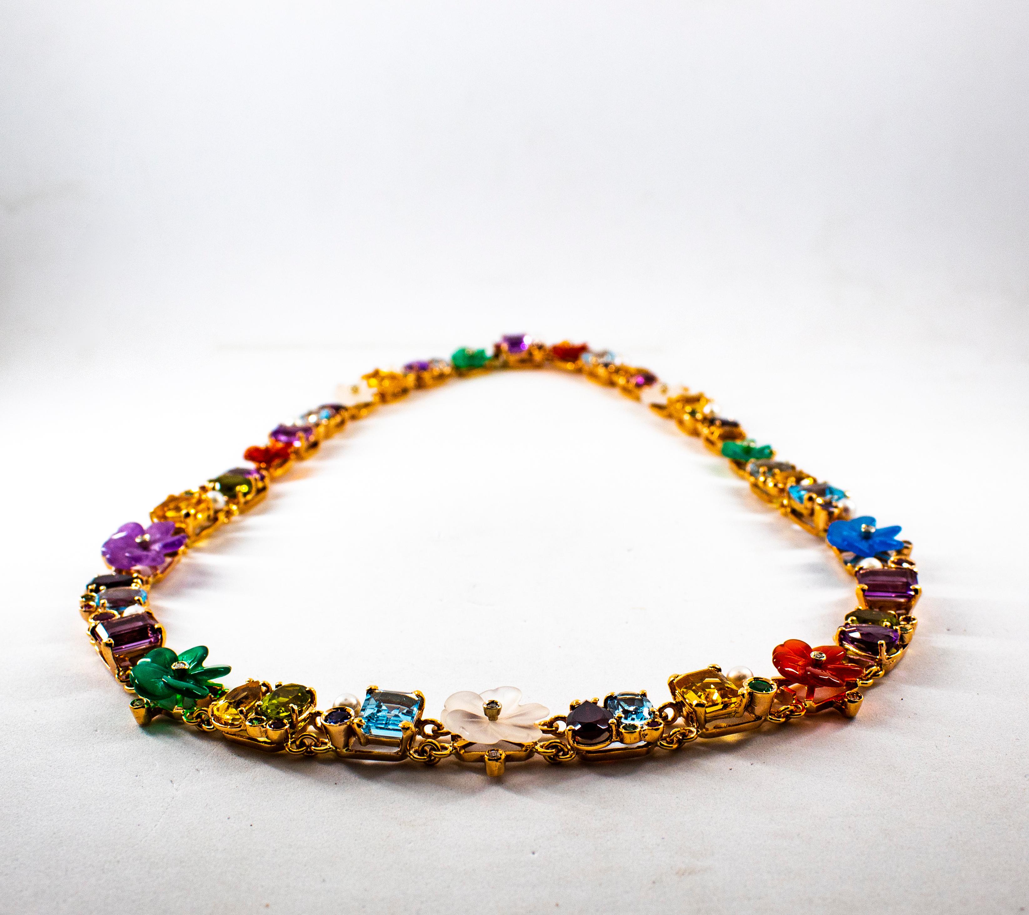 Brilliant Cut Art Nouveau Style Diamond Ruby Emerald Sapphire Yellow Gold Flowers Necklace