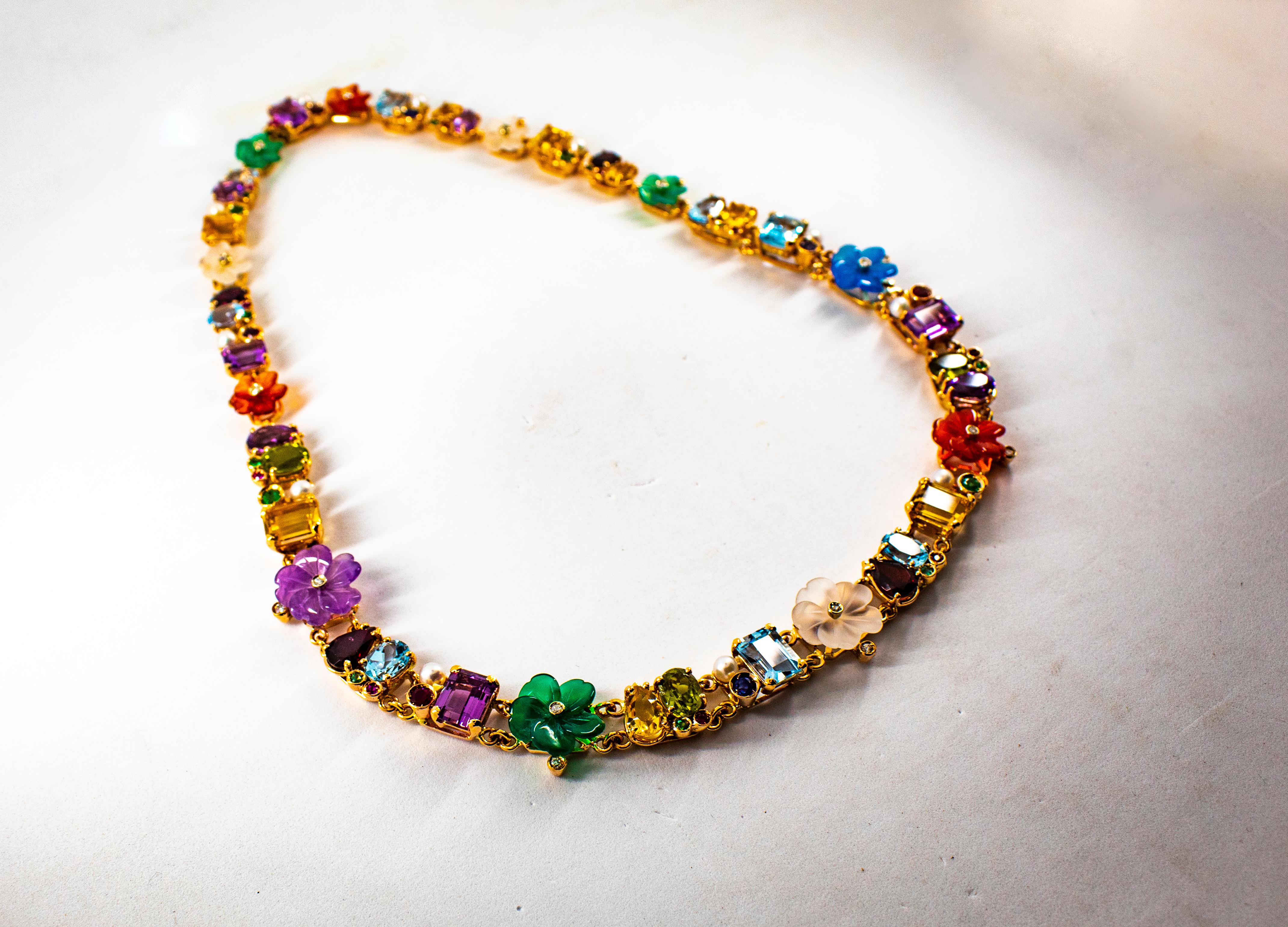 Women's or Men's Art Nouveau Style Diamond Ruby Emerald Sapphire Yellow Gold Flowers Necklace
