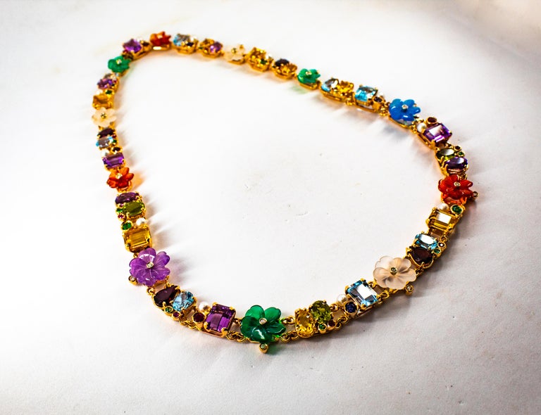 Art Nouveau Style Diamond Ruby Emerald Sapphire Yellow Gold Flowers Necklace For Sale 4