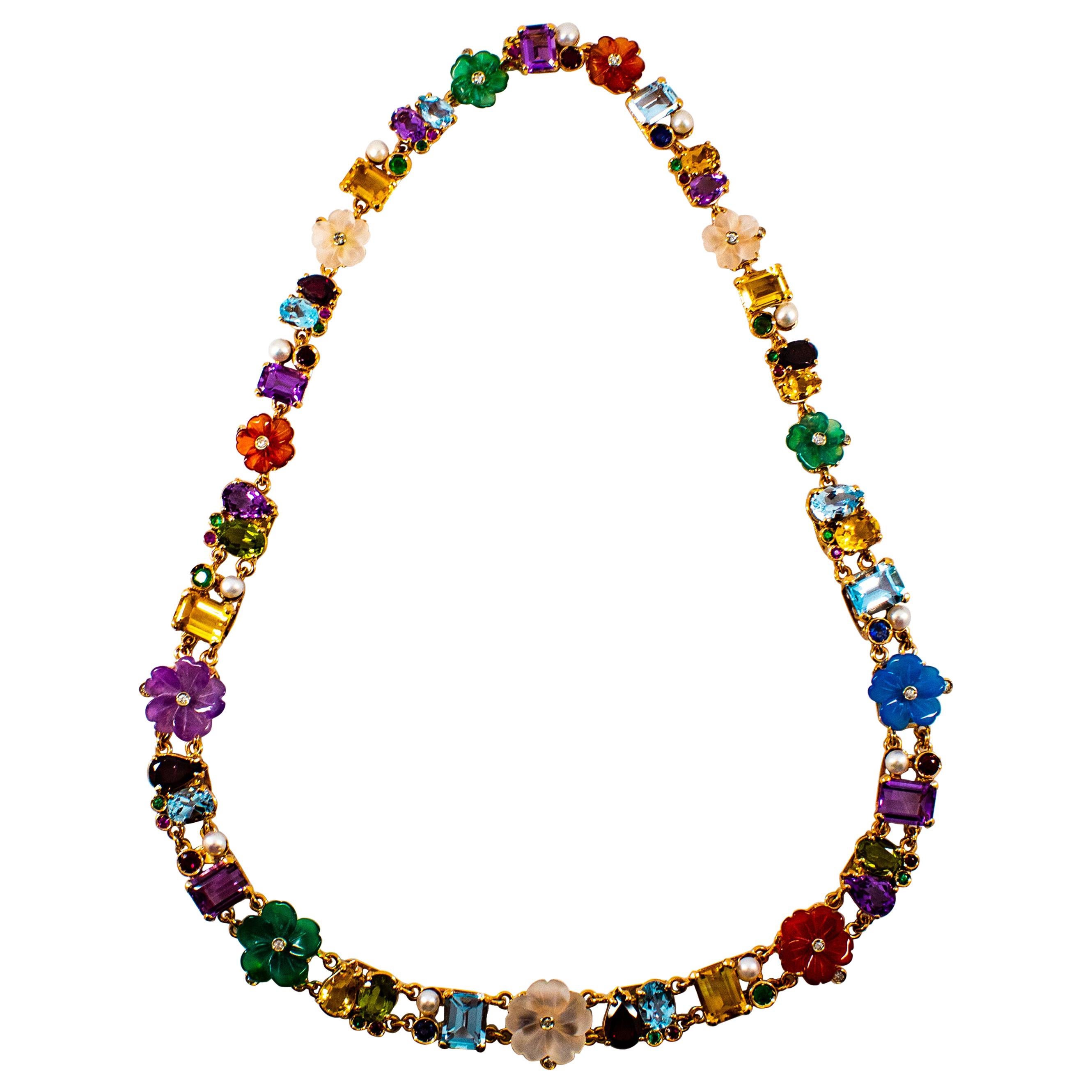 Art Nouveau Style Diamond Ruby Emerald Sapphire Yellow Gold Flowers Necklace For Sale