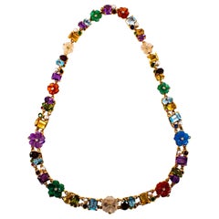 Retro Art Nouveau Style Diamond Ruby Emerald Sapphire Yellow Gold Flowers Necklace