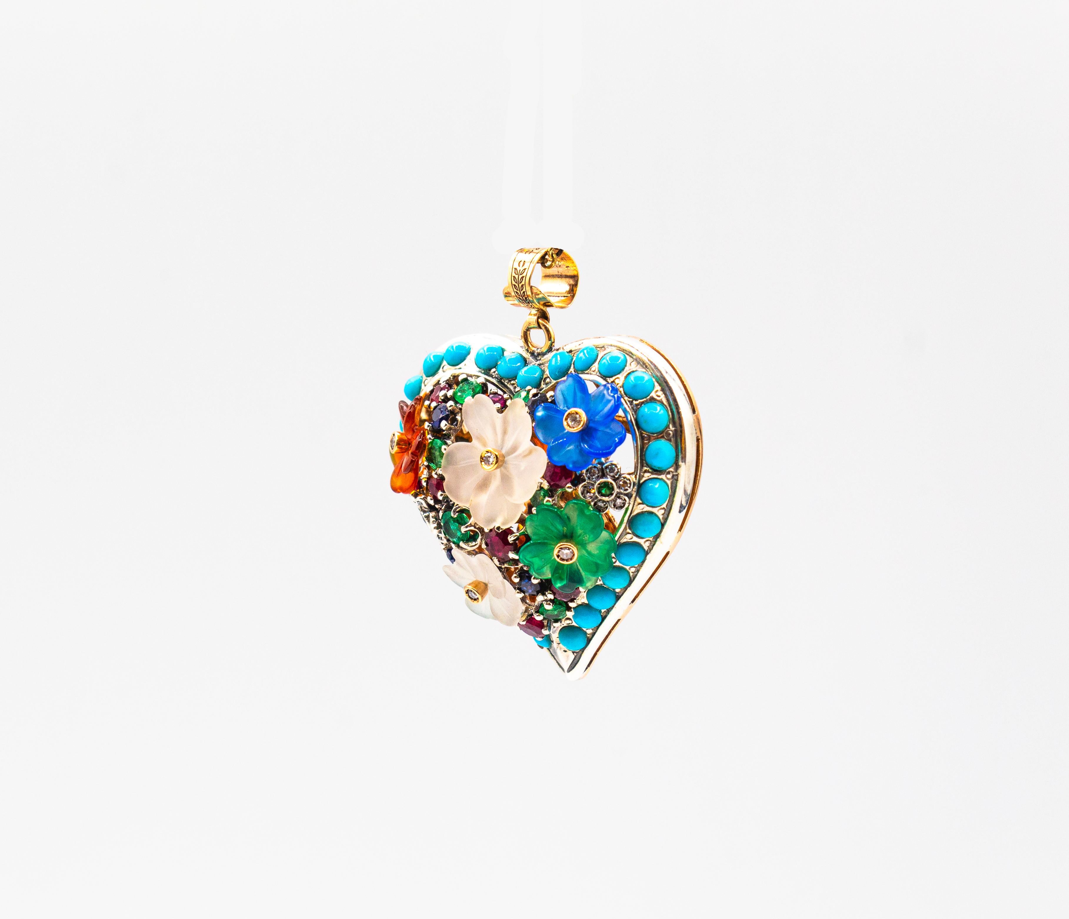 Pendentif Flowers de style Art Nouveau en or jaune avec diamant, rubis, émeraude et saphir Neuf - En vente à Naples, IT
