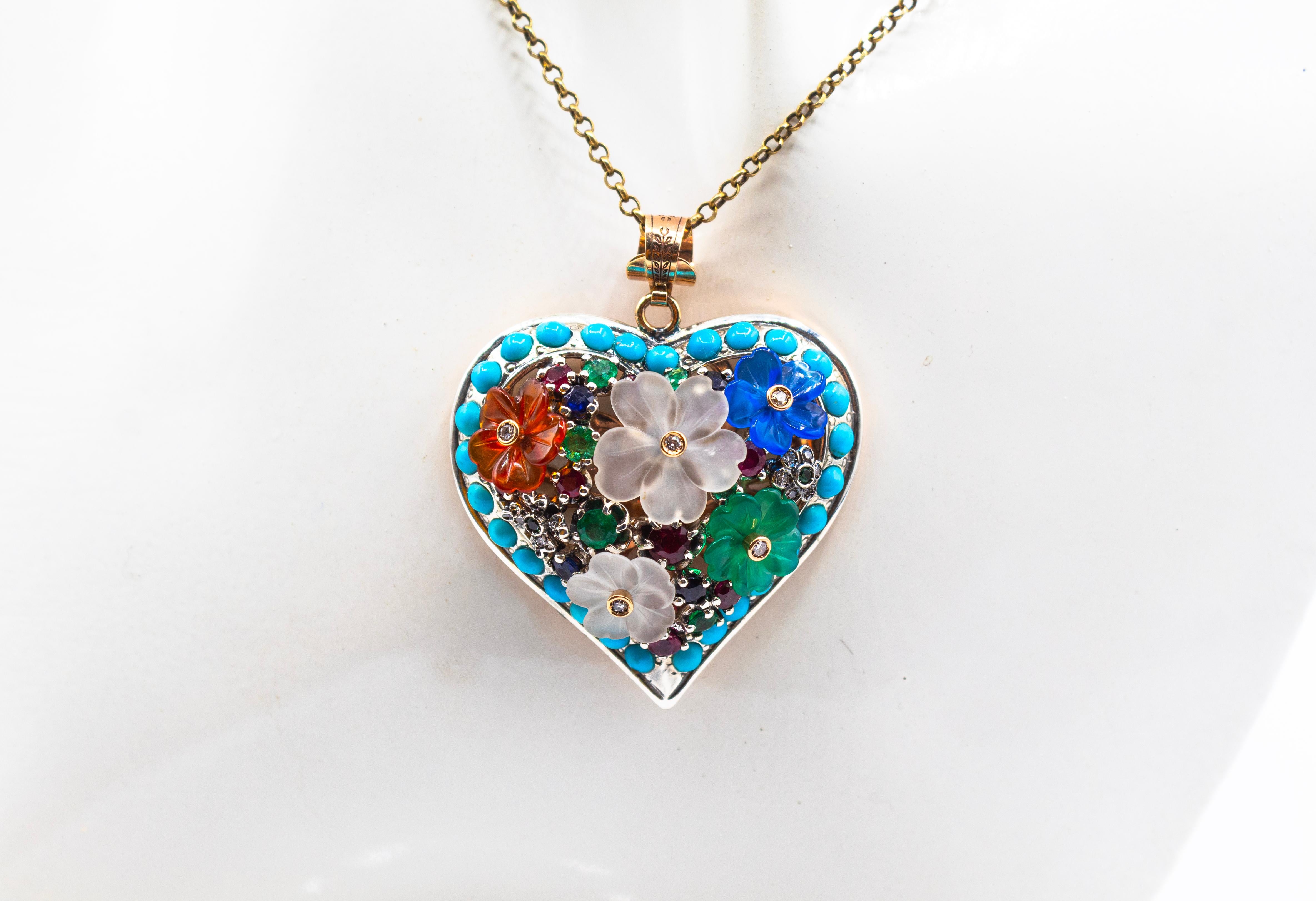 Pendentif Flowers de style Art Nouveau en or jaune avec diamant, rubis, émeraude et saphir Unisexe en vente