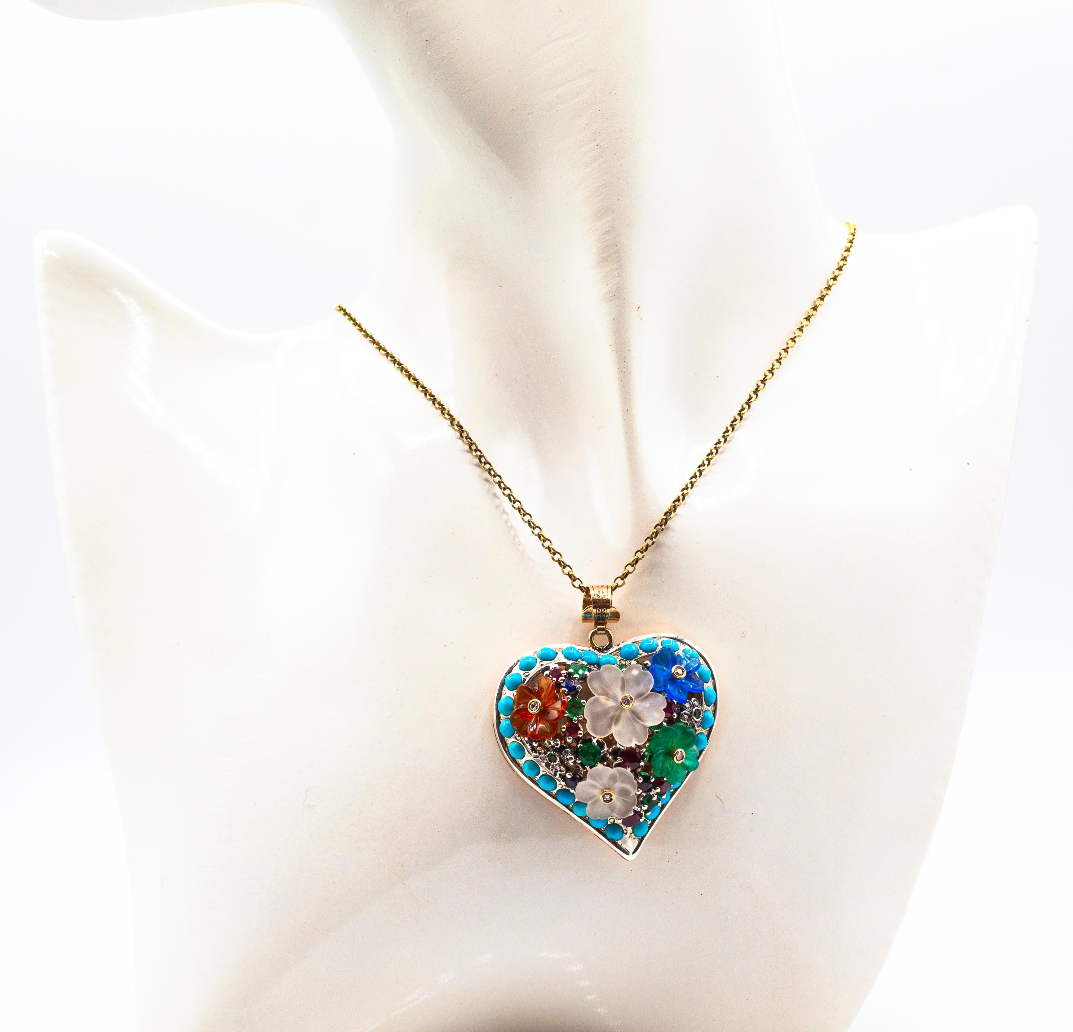 Pendentif Flowers de style Art Nouveau en or jaune avec diamant, rubis, émeraude et saphir en vente 1
