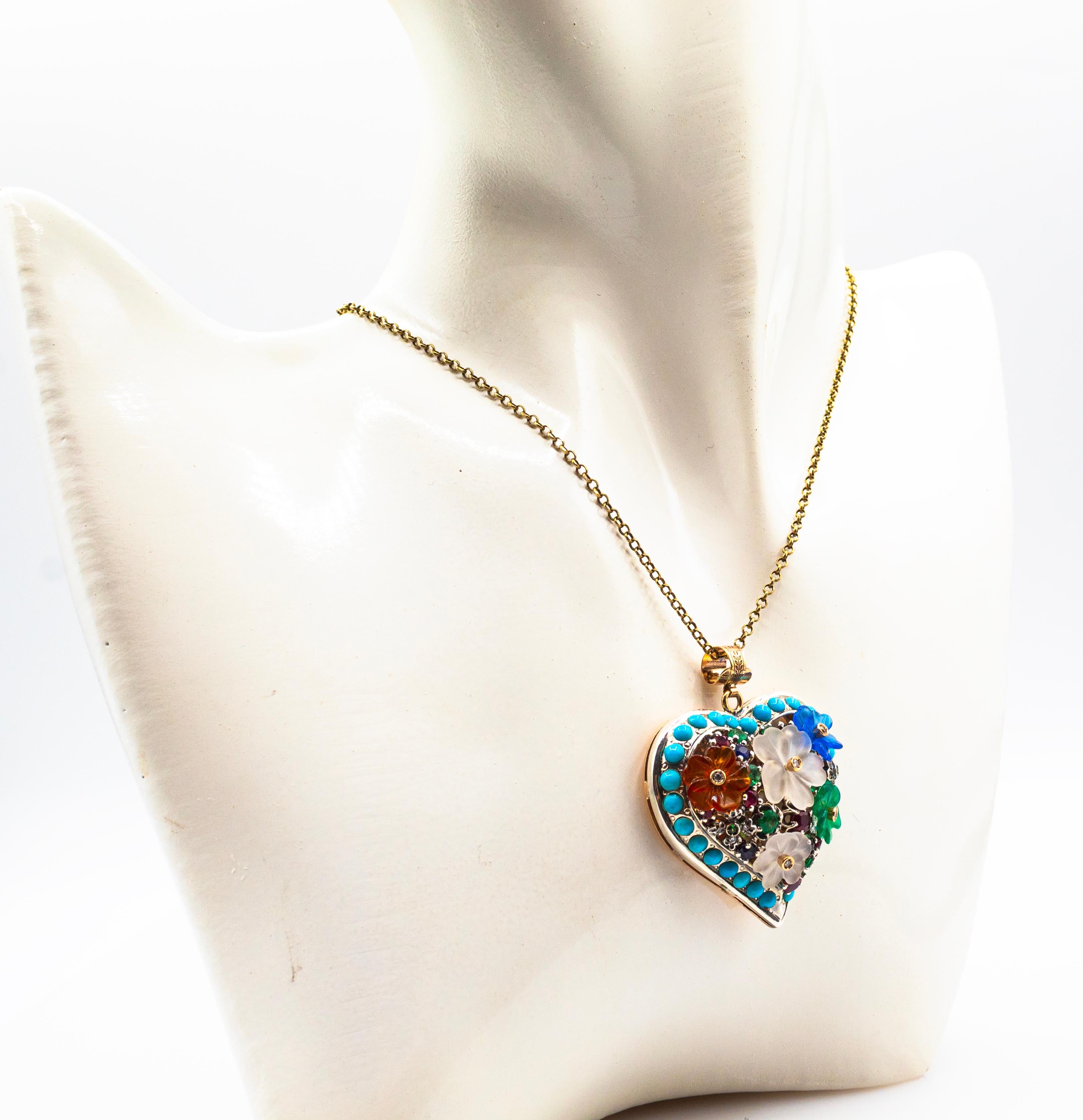 Pendentif Flowers de style Art Nouveau en or jaune avec diamant, rubis, émeraude et saphir en vente 2