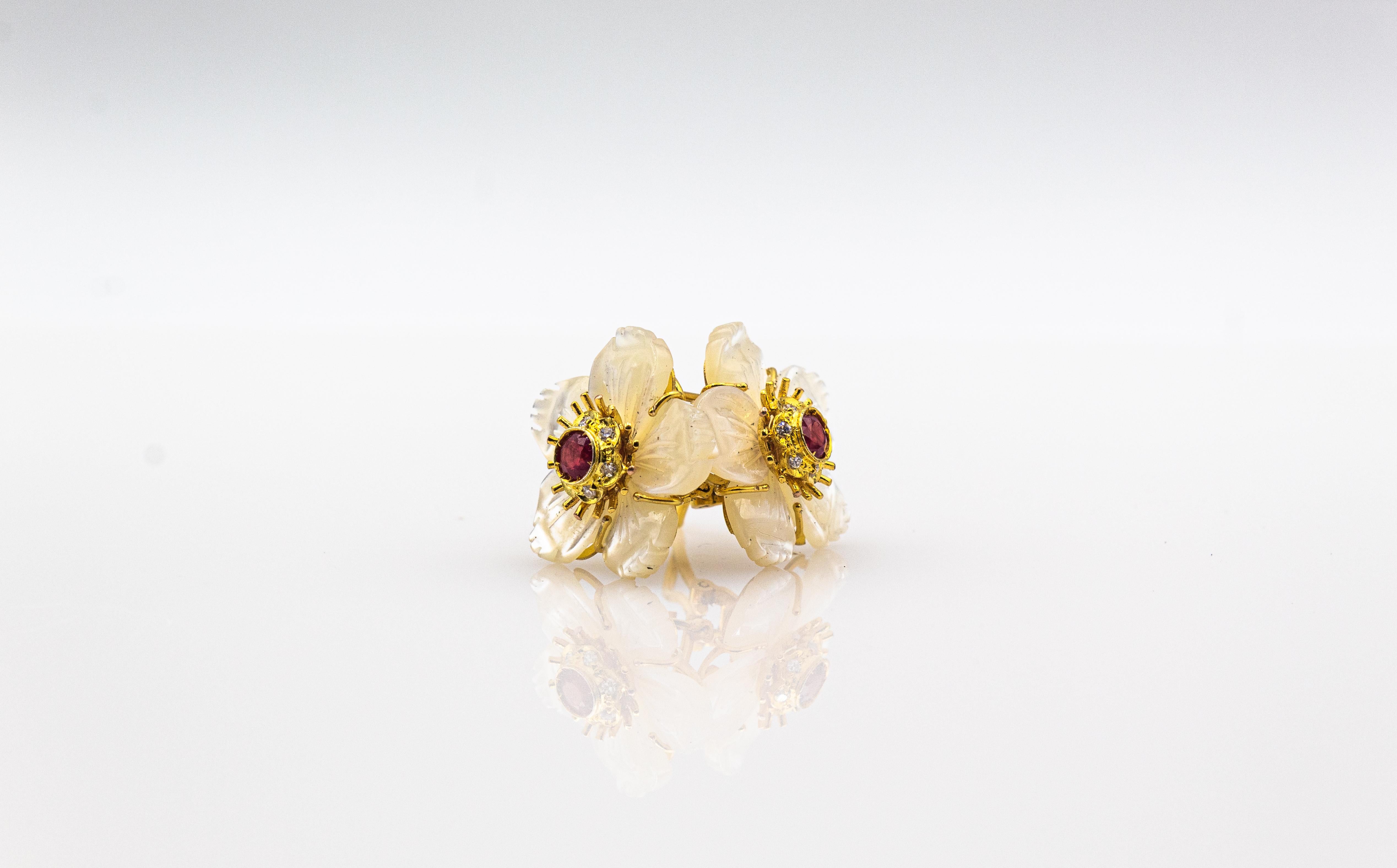 Art Nouveau Style Diamond Ruby Mother of Pearl Yellow Gold Flowers Earrings For Sale 5