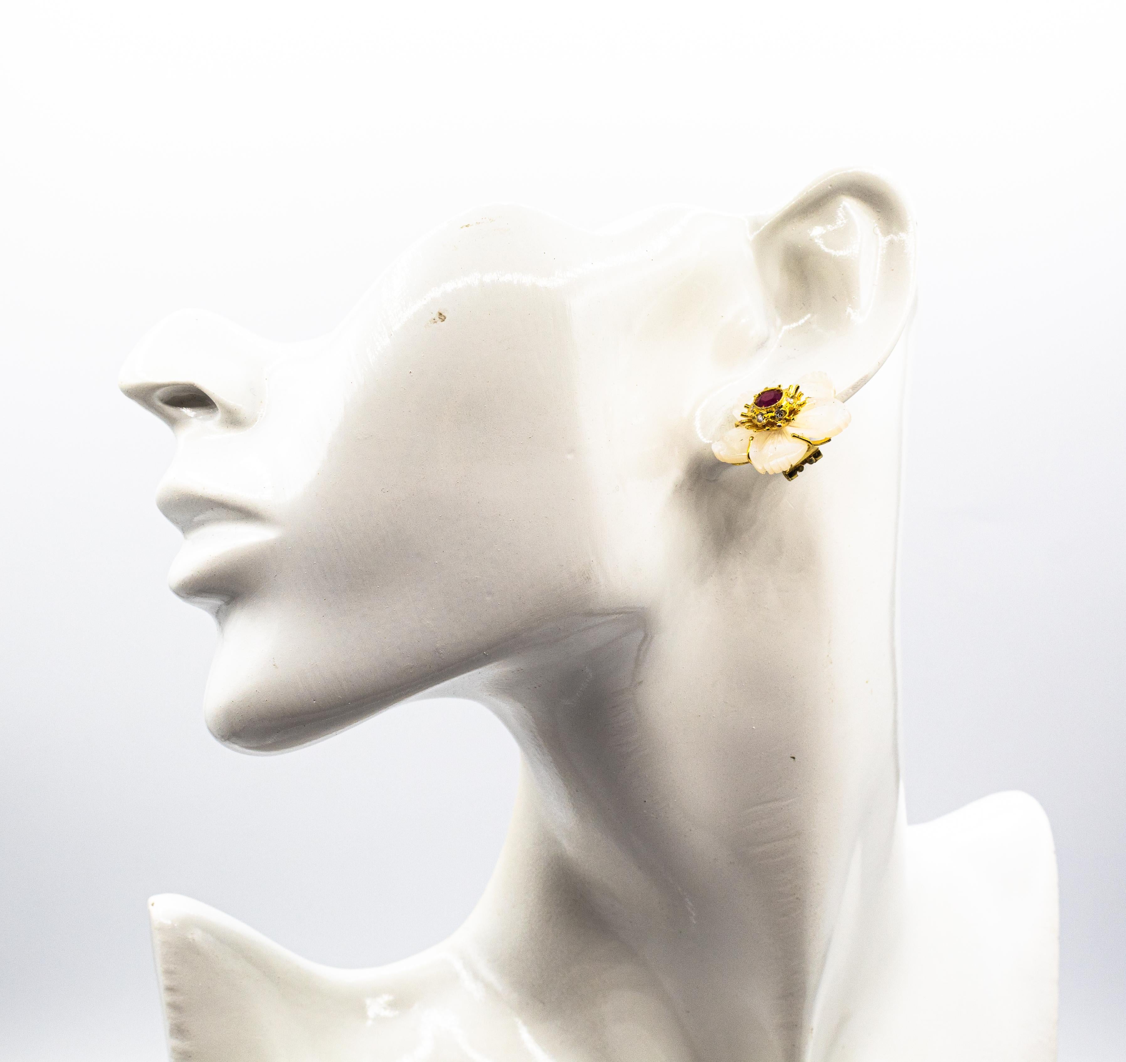 Art Nouveau Style Diamond Ruby Mother of Pearl Yellow Gold Flowers Earrings 7