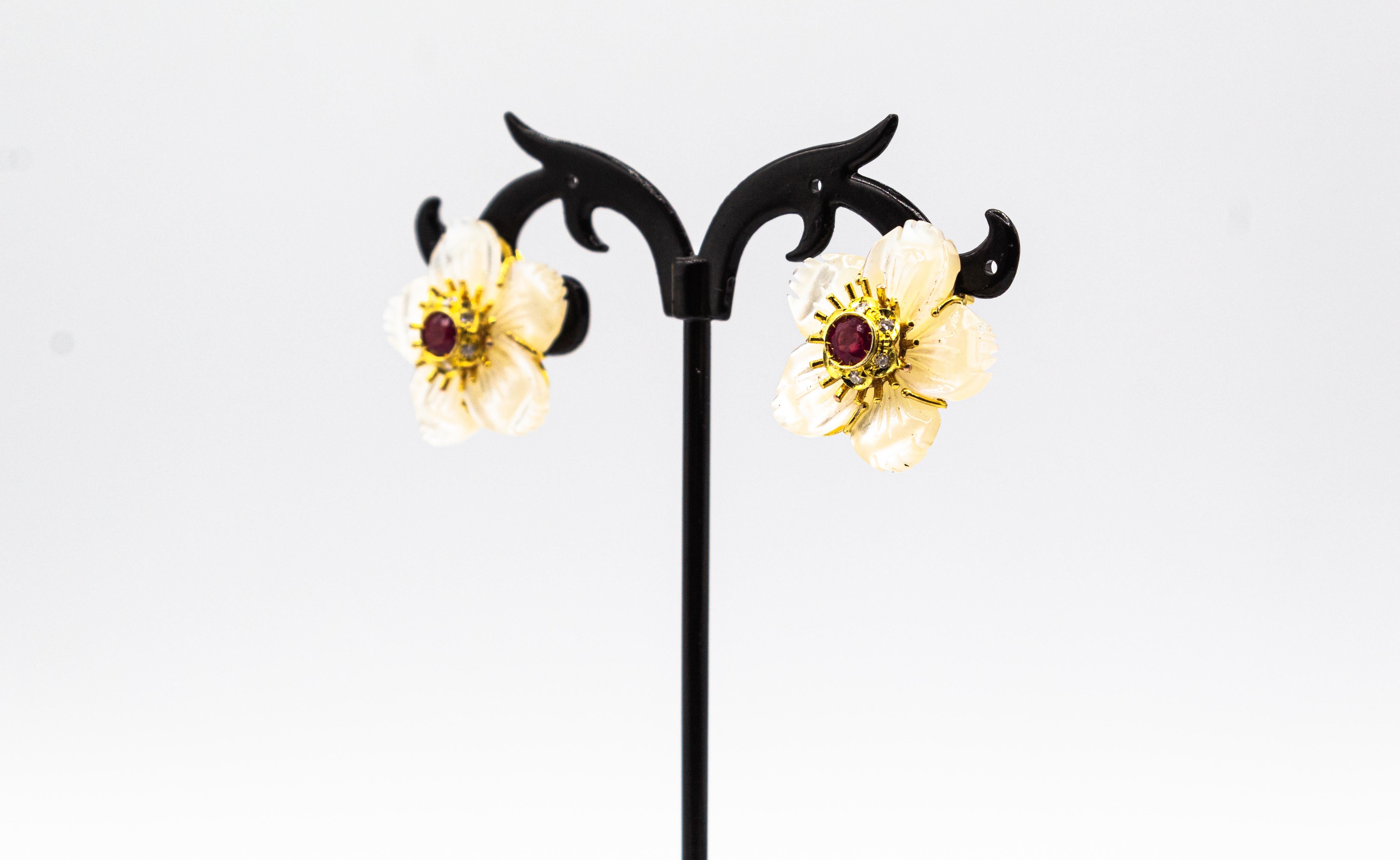 Art Nouveau Style Diamond Ruby Mother of Pearl Yellow Gold Flowers Earrings In New Condition For Sale In Naples, IT