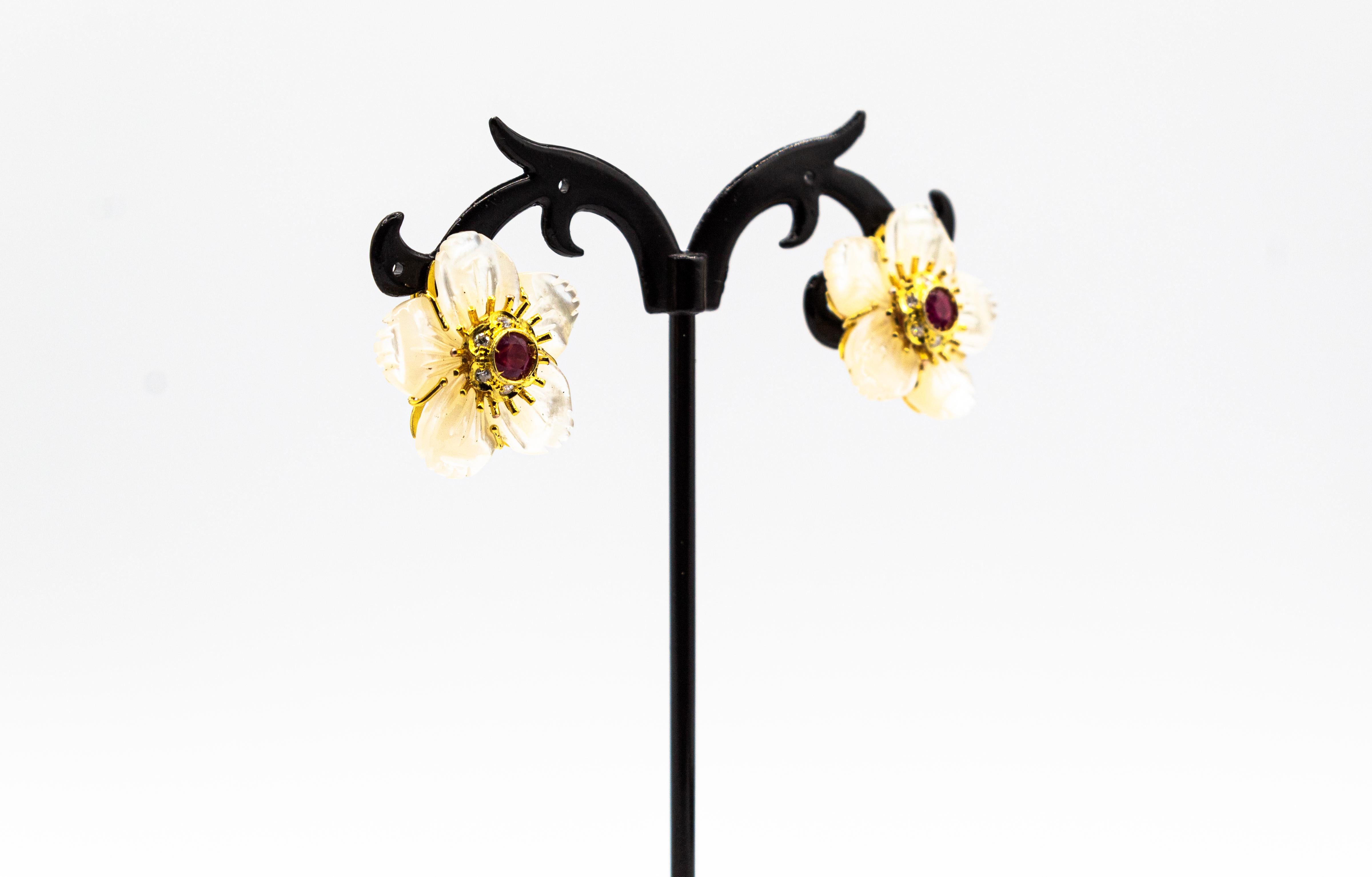 Art Nouveau Style Diamond Ruby Mother of Pearl Yellow Gold Flowers Earrings 1