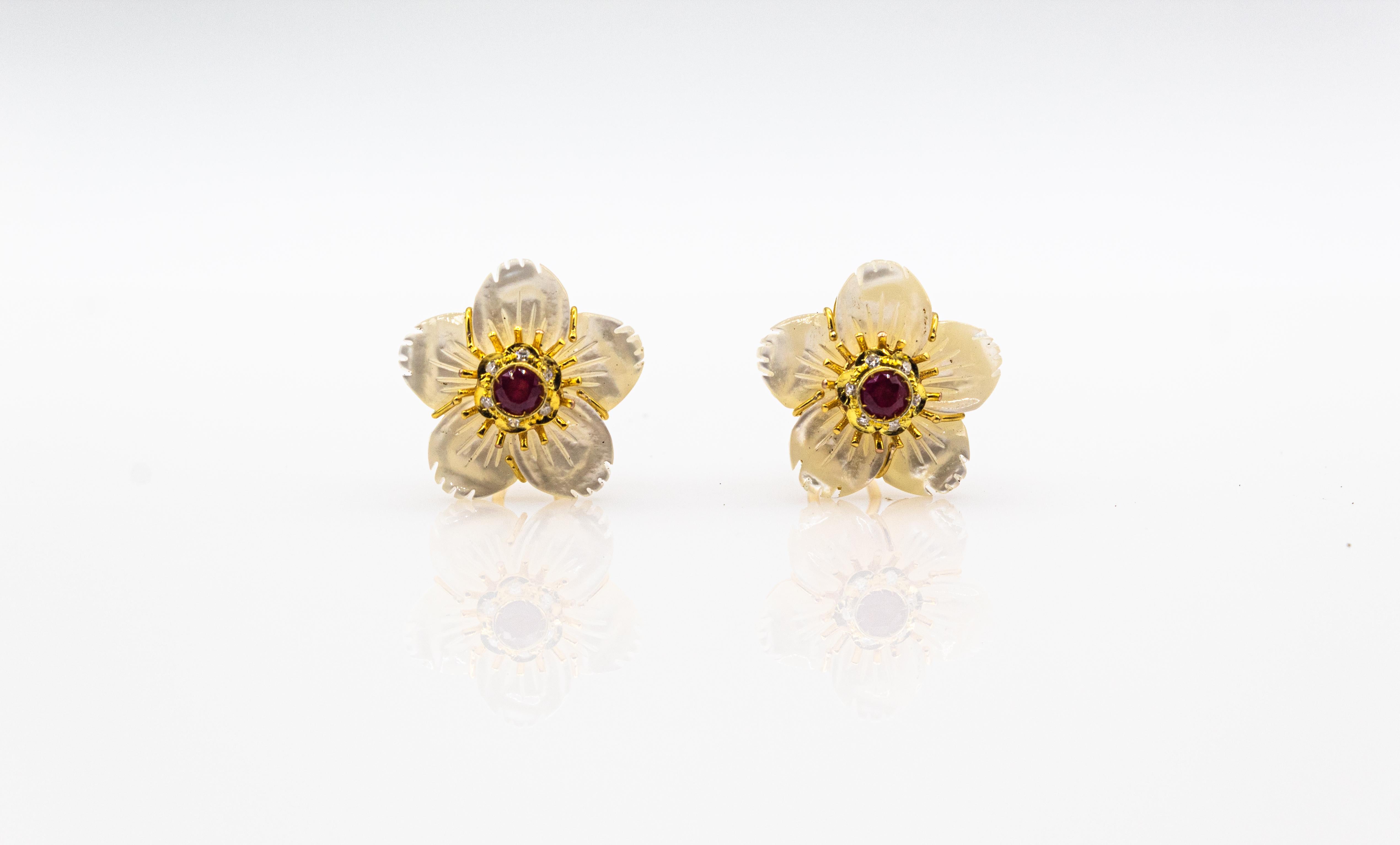 Art Nouveau Style Diamond Ruby Mother of Pearl Yellow Gold Flowers Earrings For Sale 2