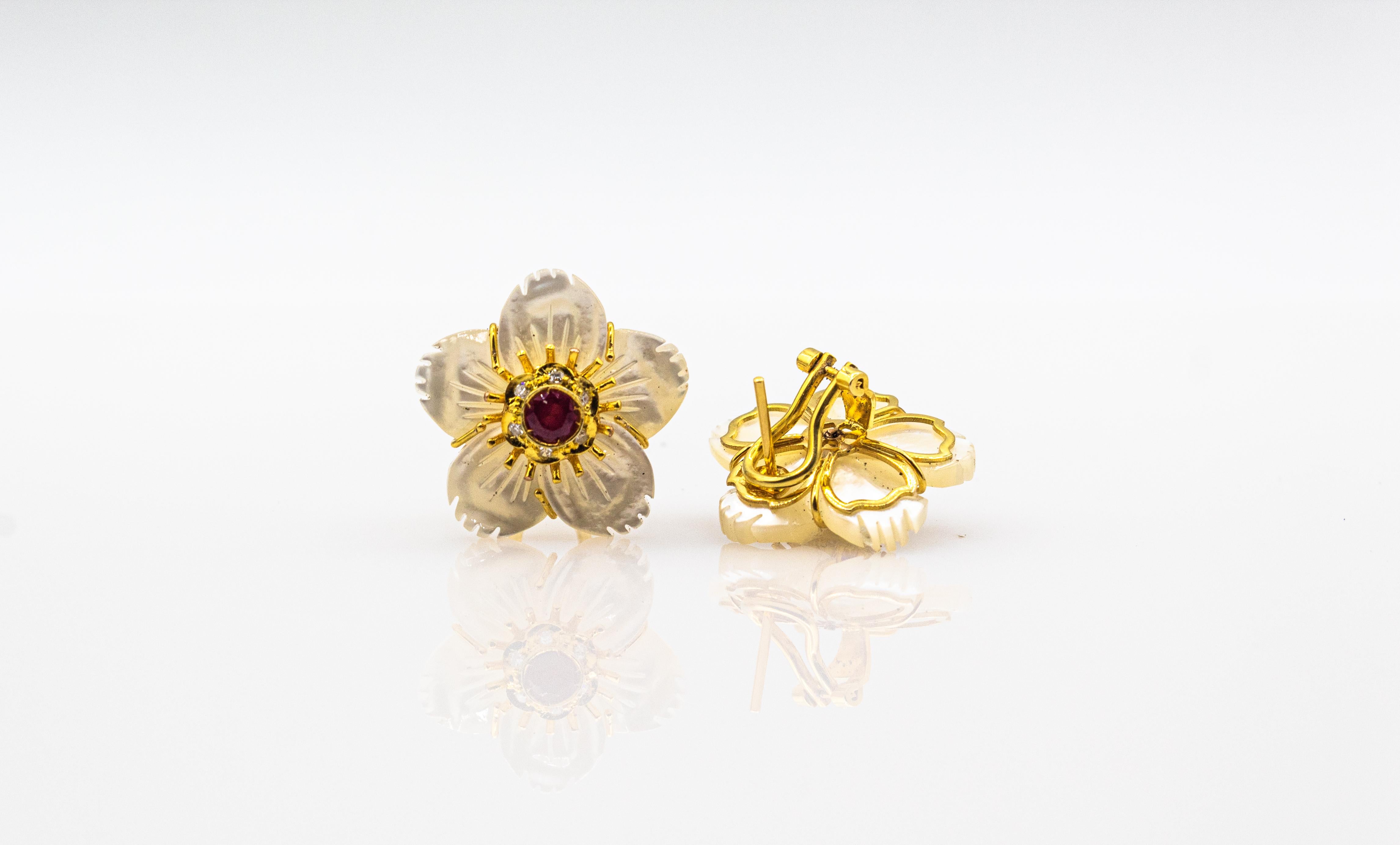 Art Nouveau Style Diamond Ruby Mother of Pearl Yellow Gold Flowers Earrings For Sale 4