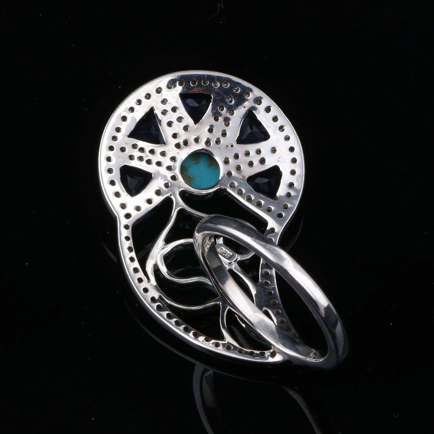 Victorian Art Nouveau Style Diamond Silver Turquoise & Tanzanite Cocktail Ring For Sale