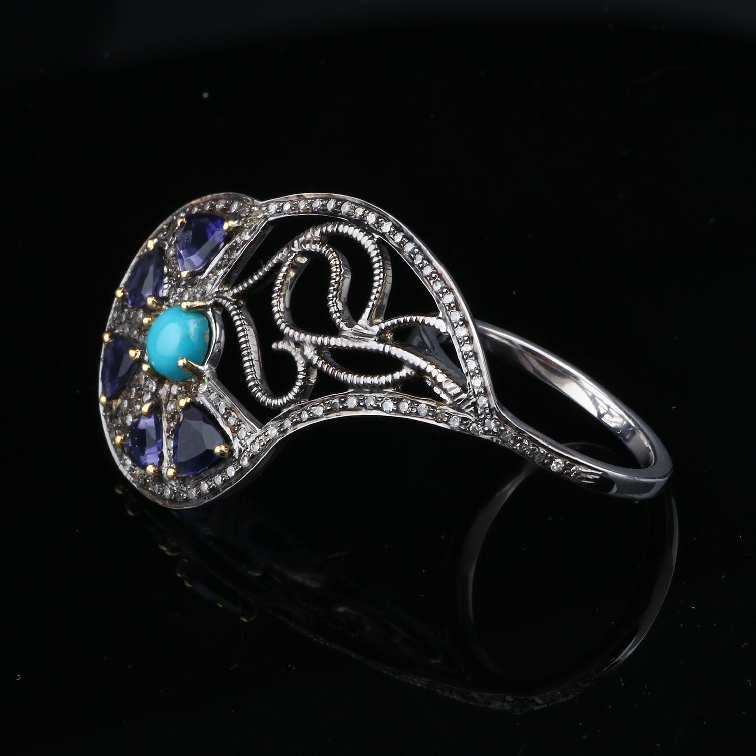 Round Cut Art Nouveau Style Diamond Silver Turquoise & Tanzanite Cocktail Ring For Sale