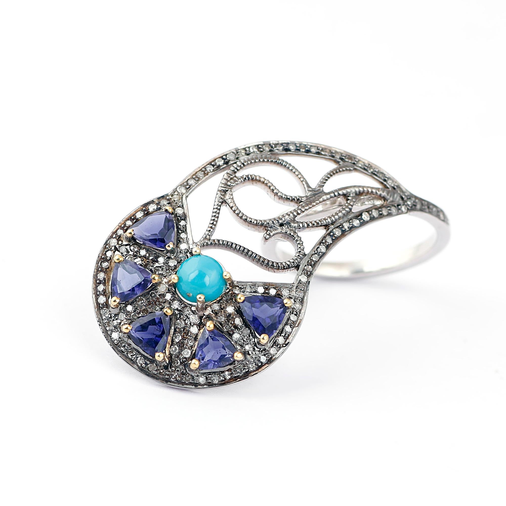 Art Nouveau Style Diamond Silver Turquoise & Tanzanite Cocktail Ring In New Condition For Sale In Jaipur, RJ
