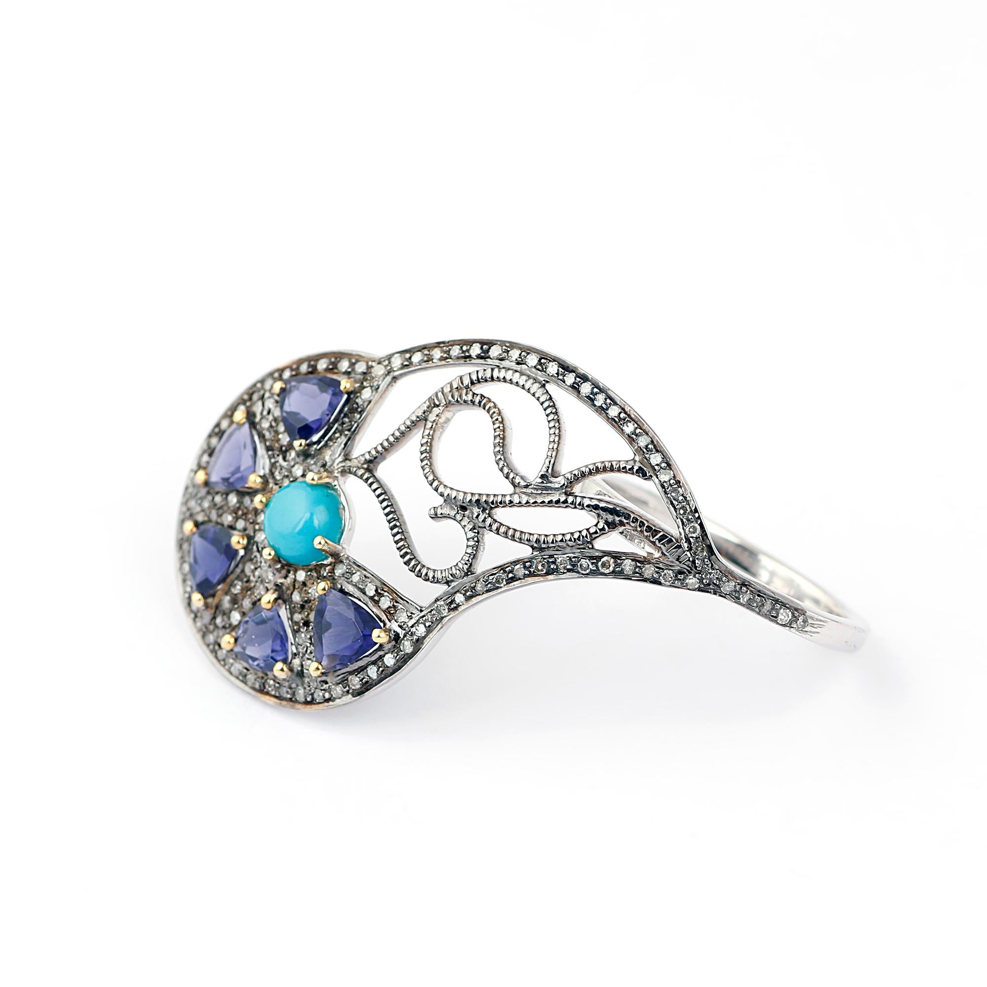 Women's Art Nouveau Style Diamond Silver Turquoise & Tanzanite Cocktail Ring For Sale