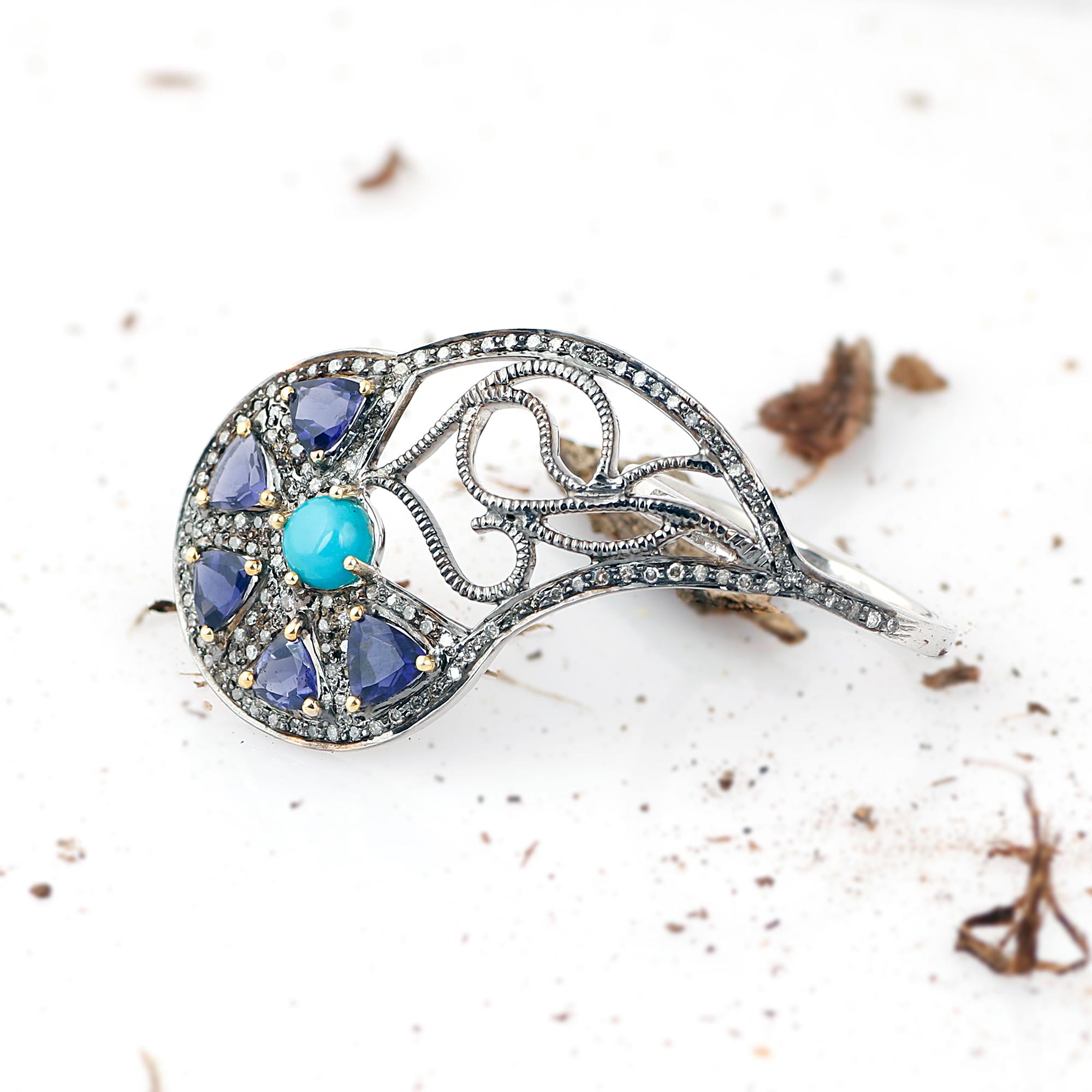 Art Nouveau Style Diamond Silver Turquoise & Tanzanite Cocktail Ring For Sale 1