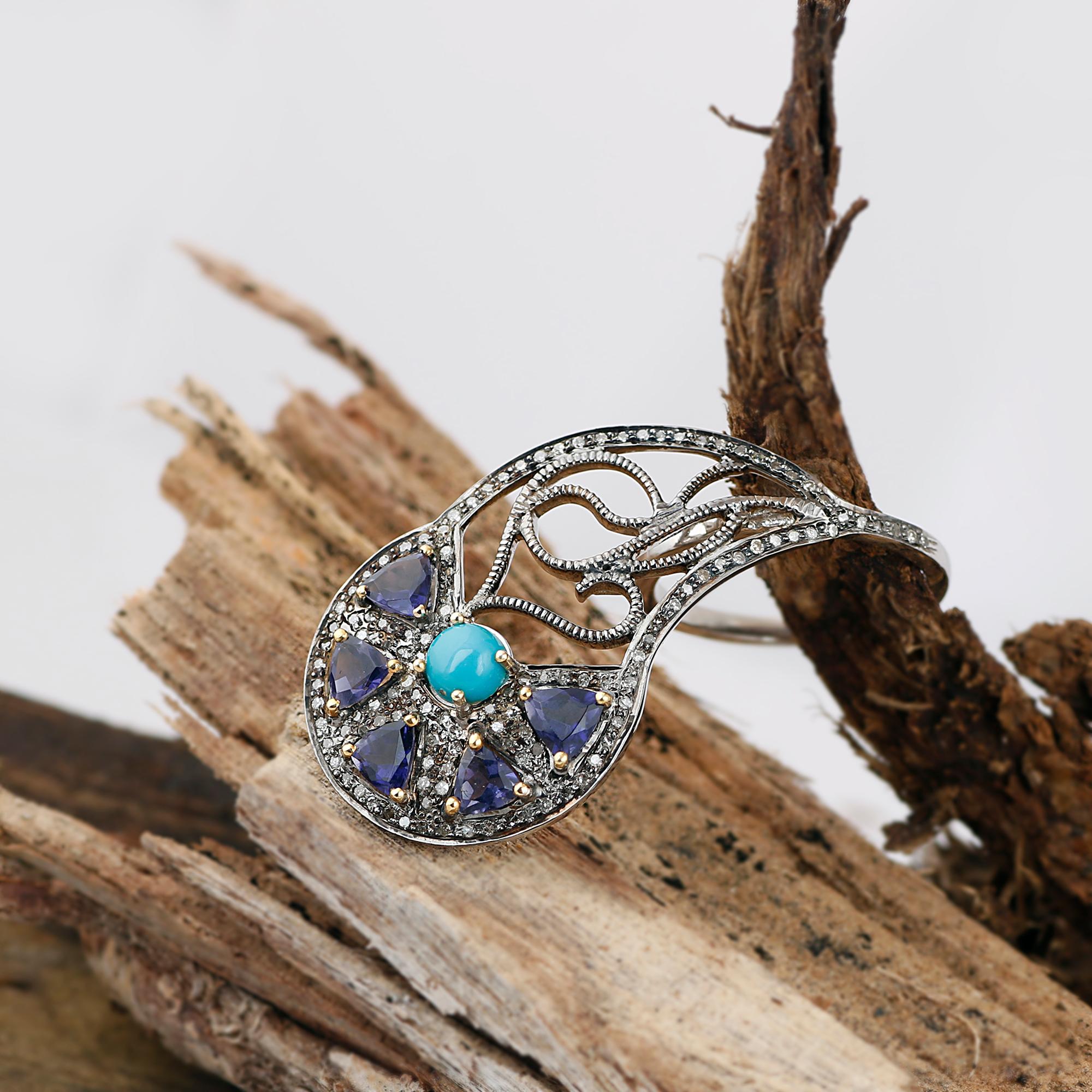 Art Nouveau Style Diamond Silver Turquoise & Tanzanite Cocktail Ring For Sale 2