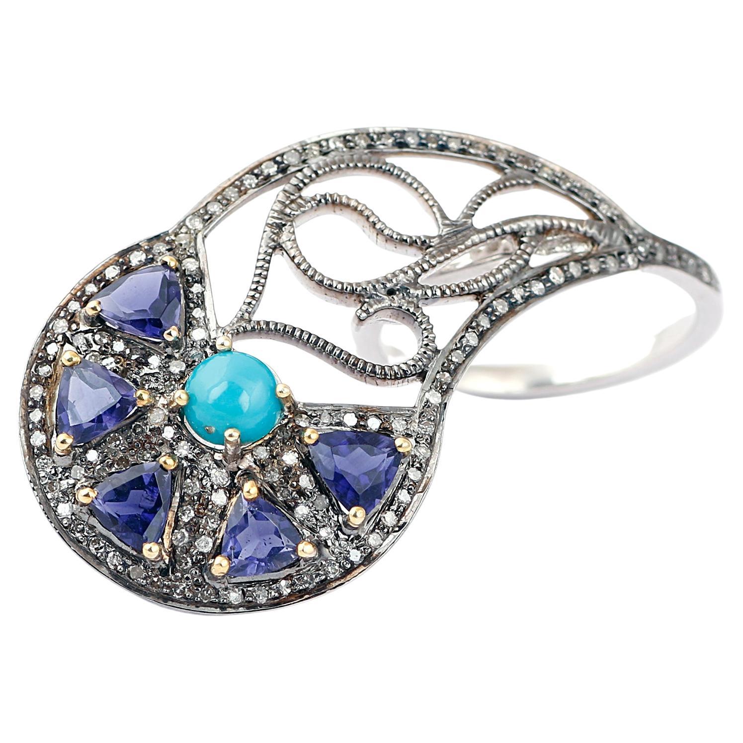 Art Nouveau Style Diamond Silver Turquoise & Tanzanite Cocktail Ring For Sale