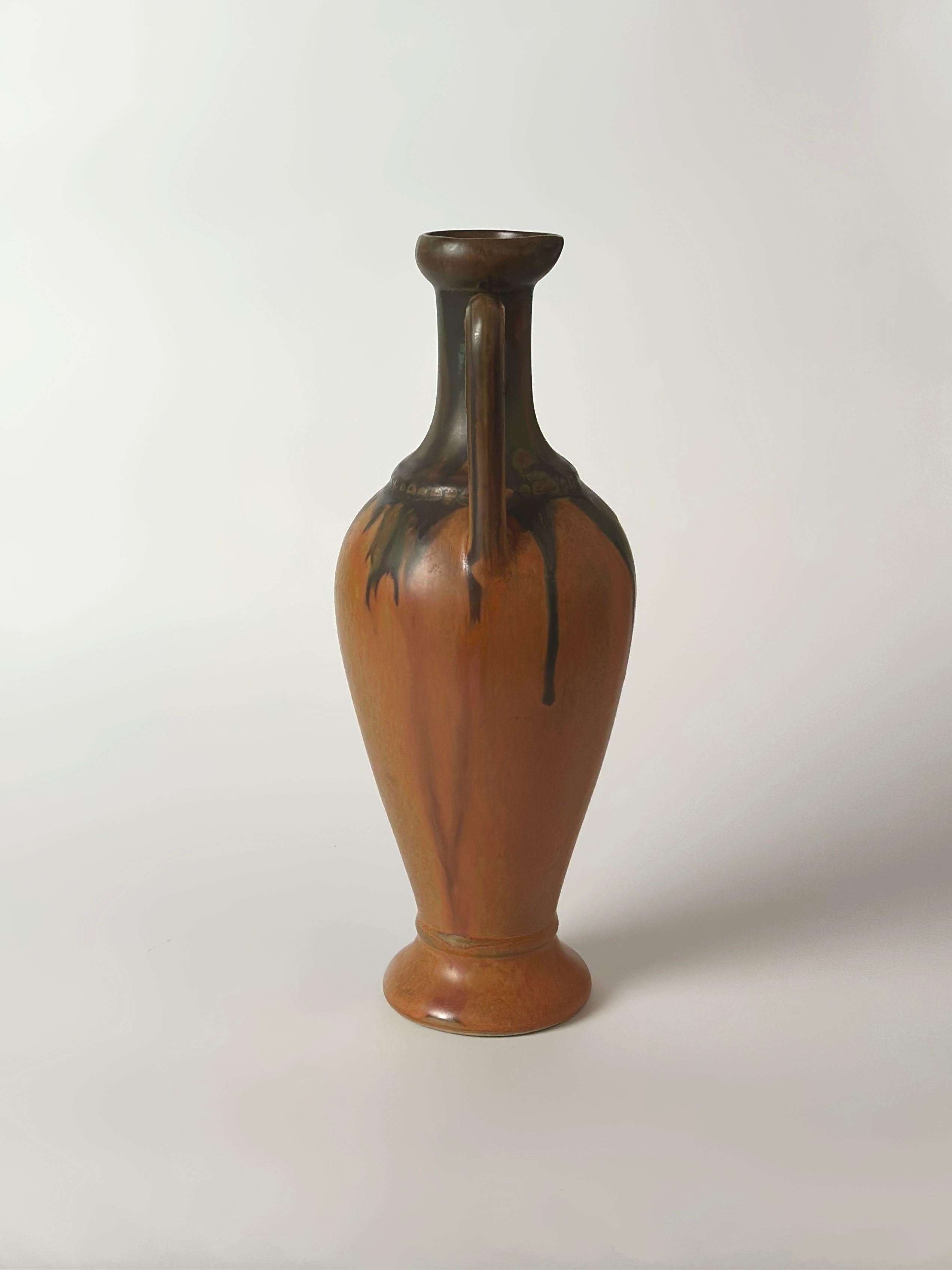 French Art Nouveau Style Double Handled Pottery Vessel by Denbac, France circa 1947 For Sale