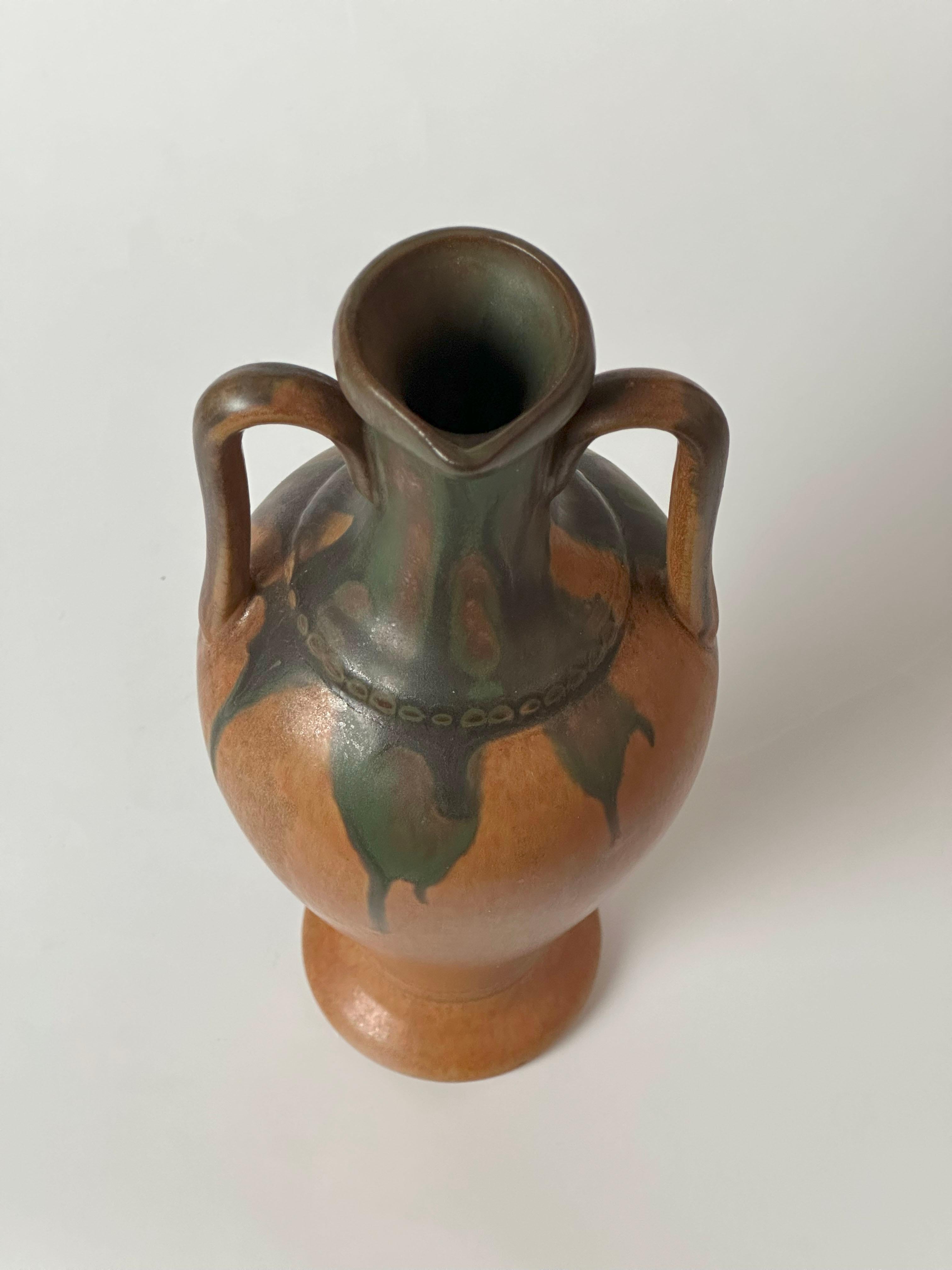 Fired Art Nouveau Style Double Handled Pottery Vessel by Denbac, France circa 1947 For Sale