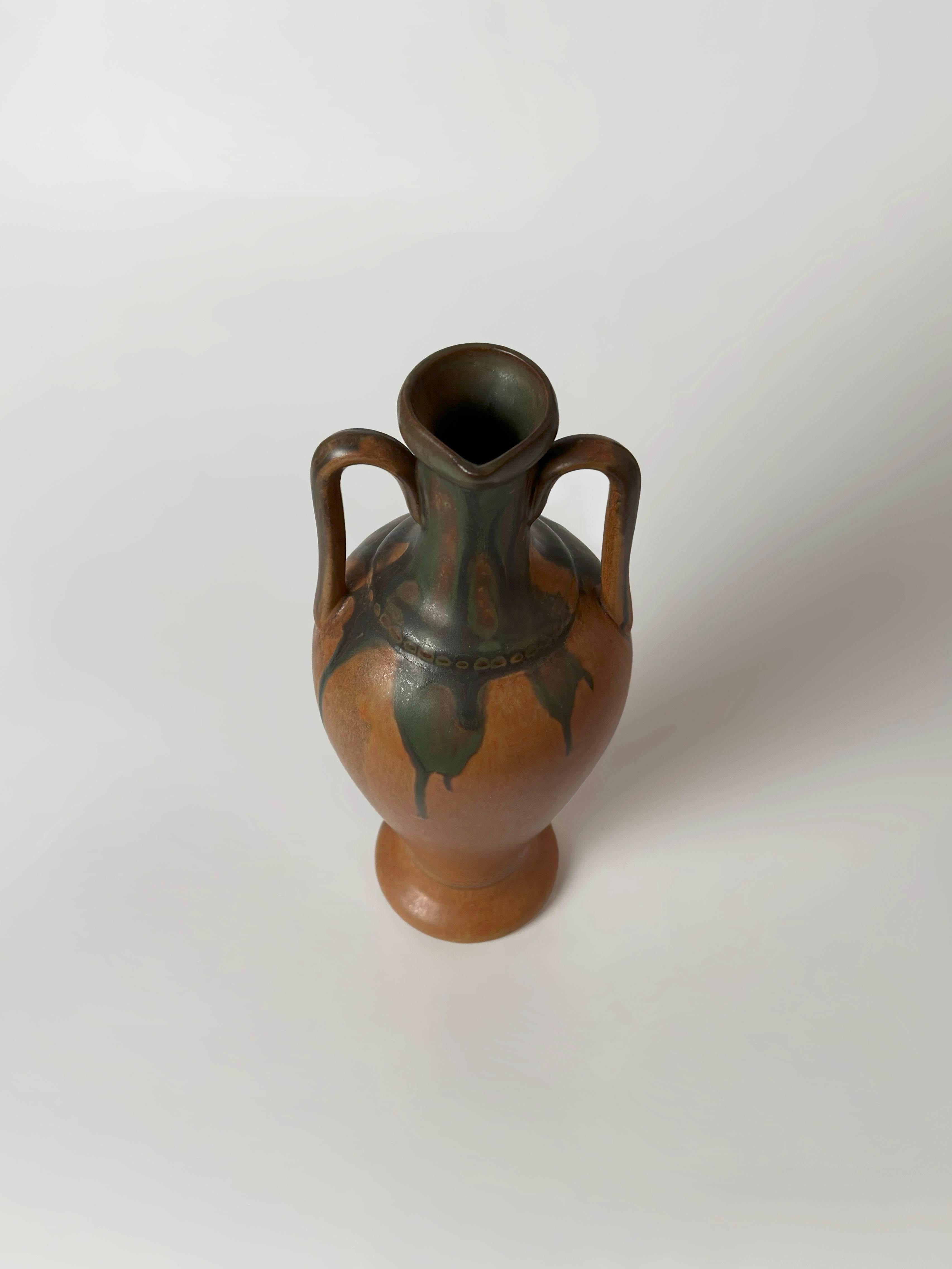 Clay Art Nouveau Style Double Handled Pottery Vessel by Denbac, France circa 1947 For Sale