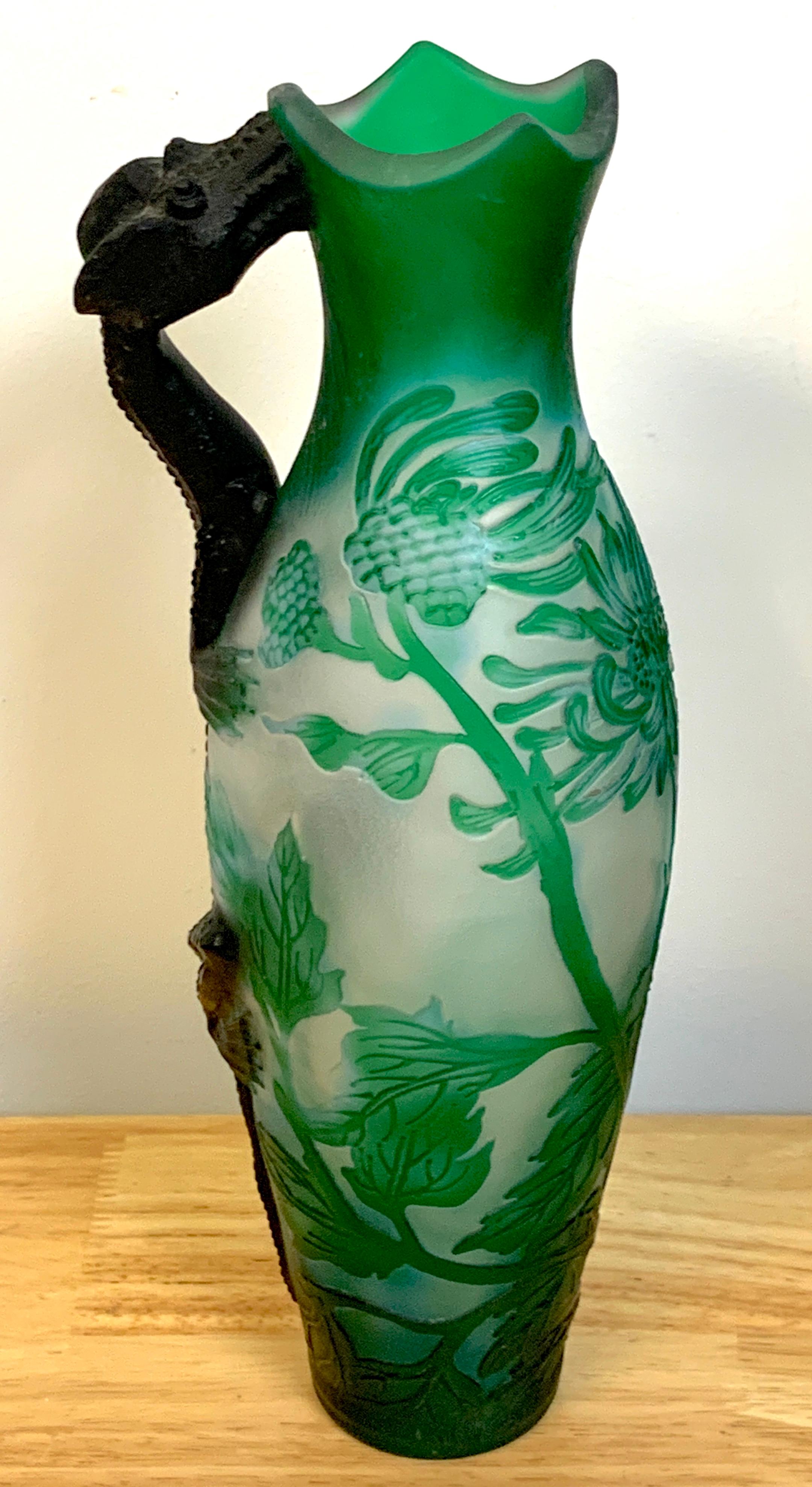 Art Nouveau Style Dragon Motif Cameo Glass Ewer/Vase, After Emile Gallé 1