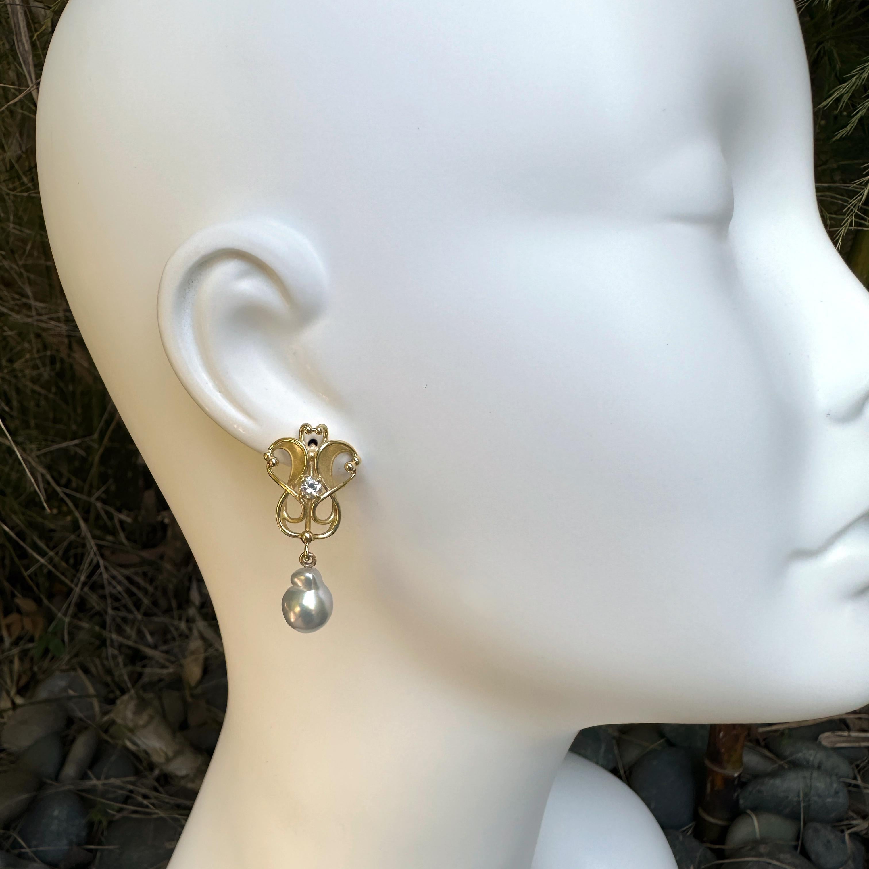 This gorgeous pair of drop earrings by Eytan Brandes features an Art Nouveau design based on a small stickpin we acquired in 2022.  Eytan converted the stickpin to a bale for a pearl fob, but he liked the design so much that he recreated it, about
