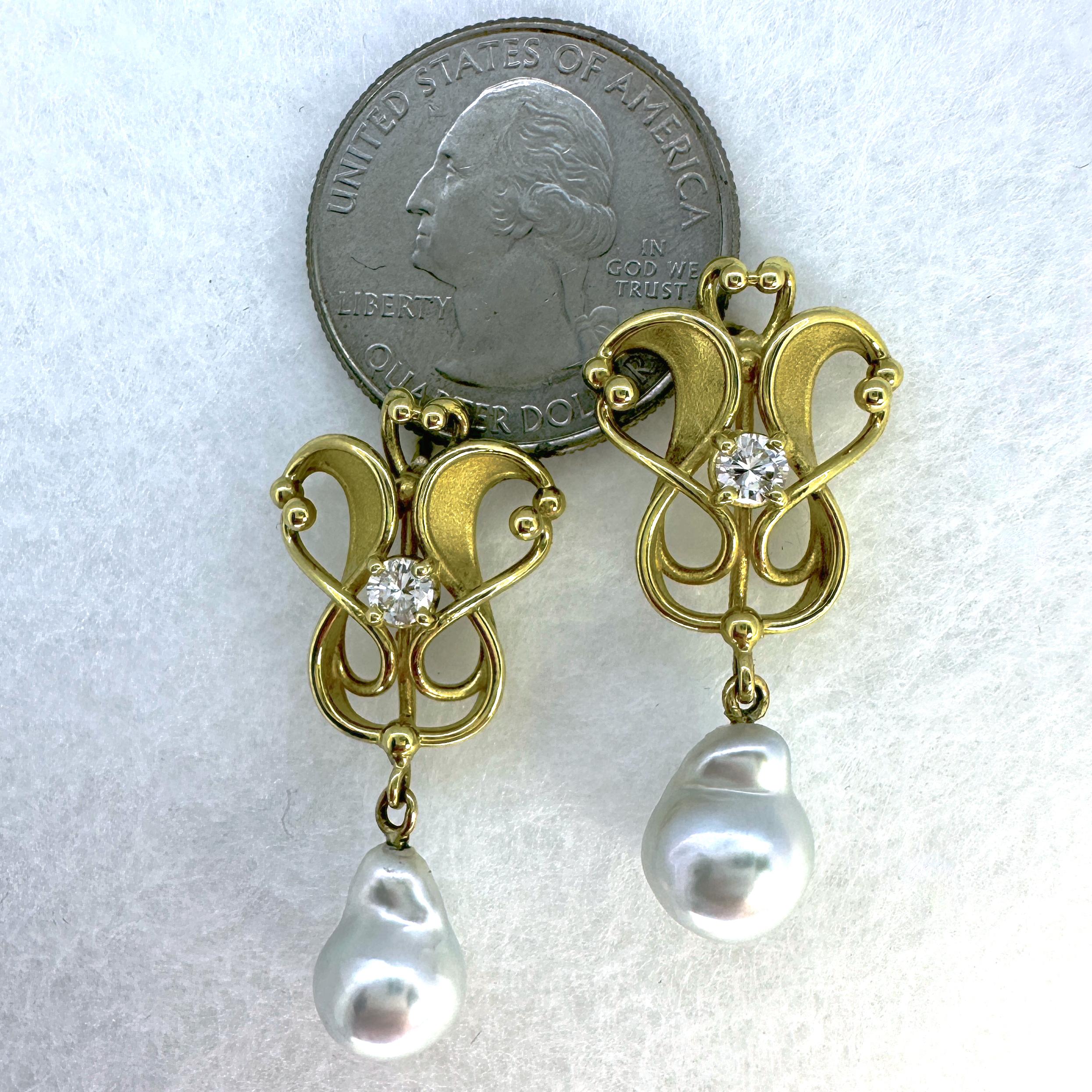 Brilliant Cut Art Nouveau Style Drop Earrings in 18K Gold with Diamonds & South Sea  Pearls For Sale