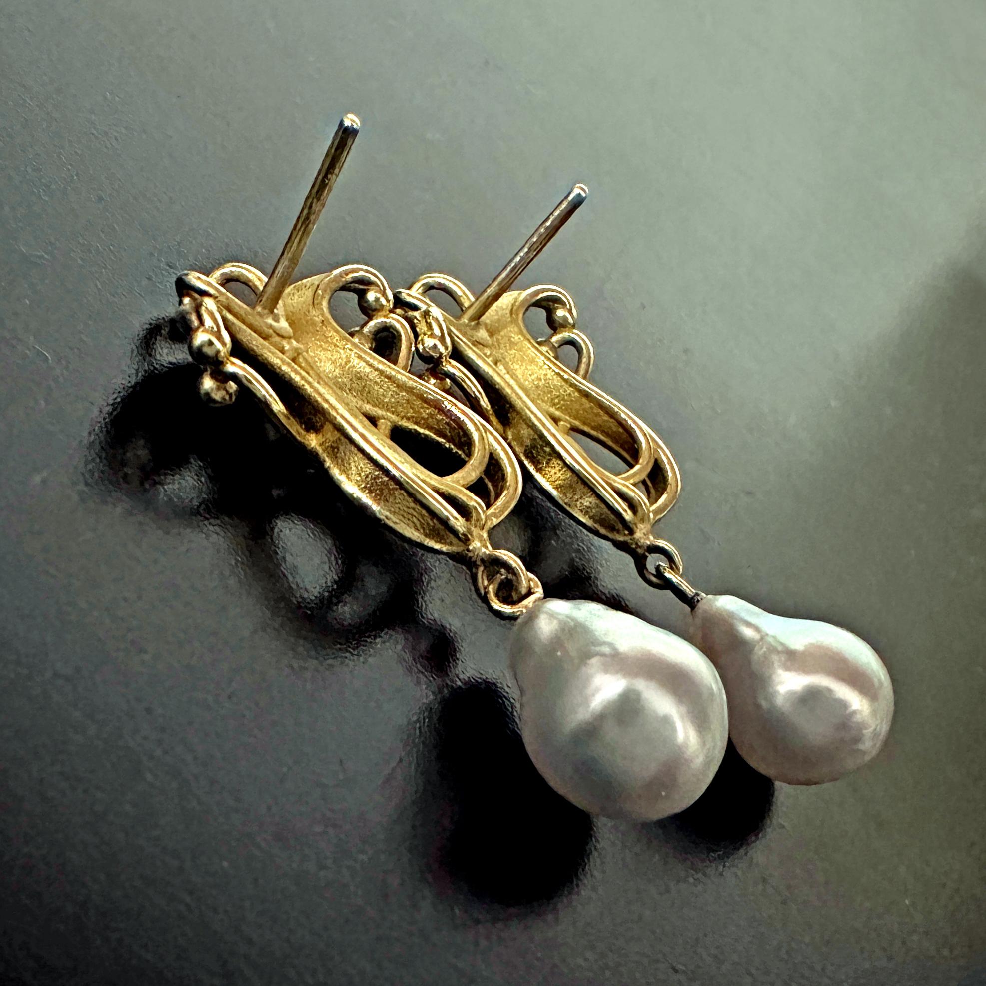 Women's or Men's Art Nouveau Style Drop Earrings in 18K Gold with Diamonds & South Sea  Pearls For Sale