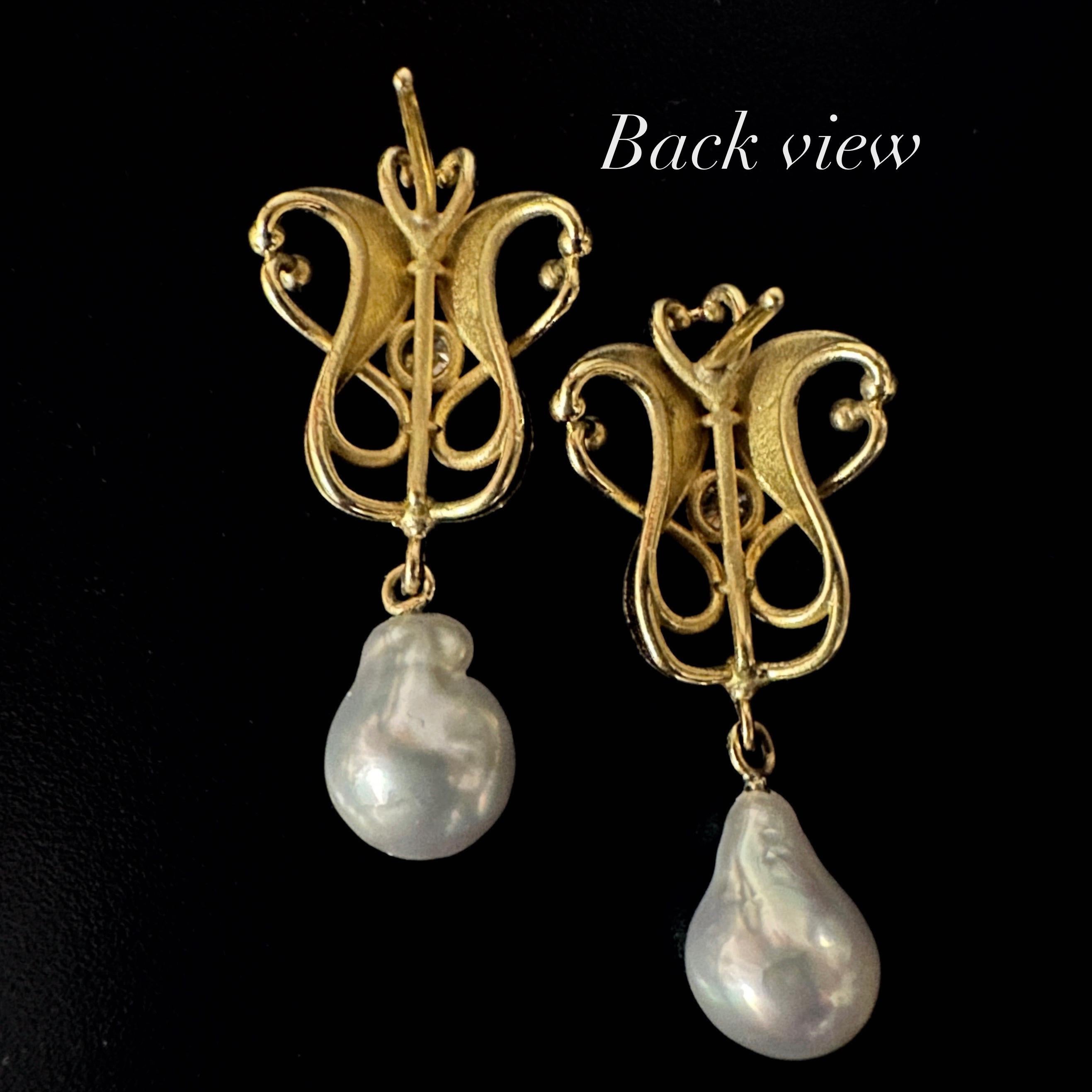 Art Nouveau Style Drop Earrings in 18K Gold with Diamonds & South Sea  Pearls For Sale 1