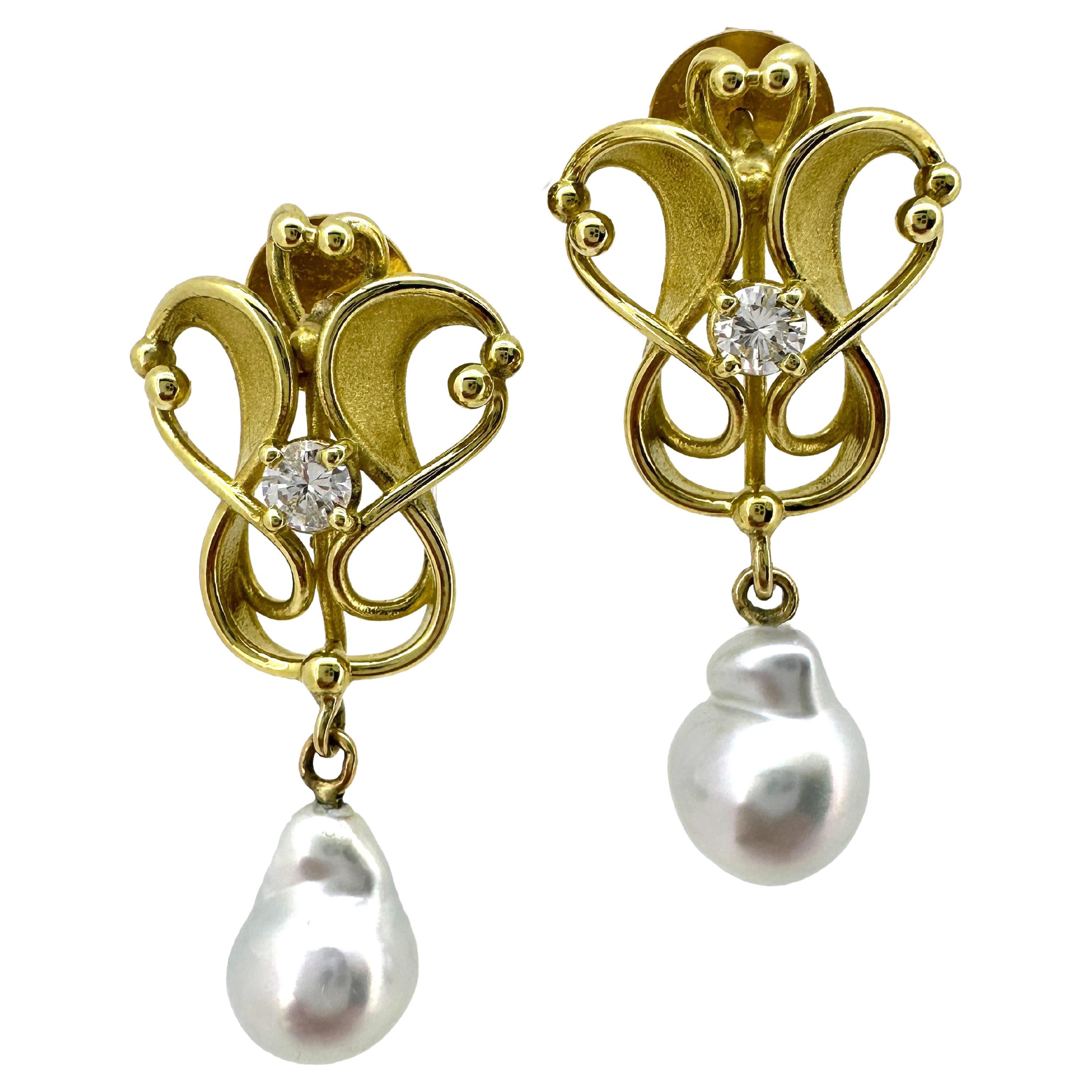 Art Nouveau Style Drop Earrings in 18K Gold with Diamonds & South Sea  Pearls For Sale