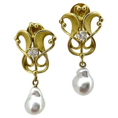 Art Nouveau Style Drop Earrings in 18K Gold with Diamonds & South Sea  Pearls