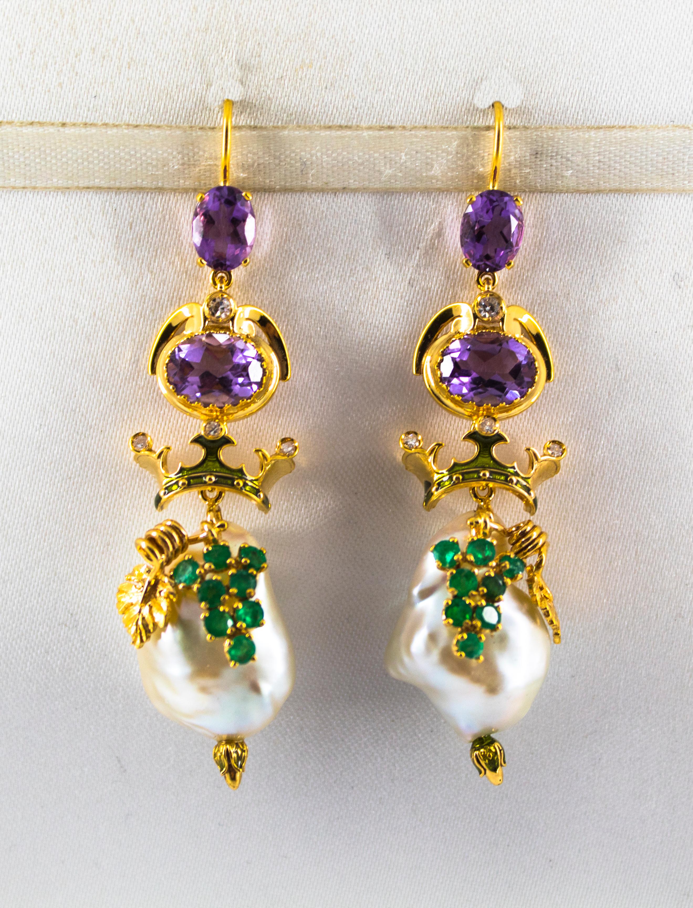 These Stud Earrings are made of 14K Yellow Gold.
These Earrings have 0.16 Carats of White Brilliant Cut Diamonds.
These Earrings have 0.90 Carats of Emeralds.
These Earrings have 1.80 Carats of Amethyst.
These Earrings have also Pearls and